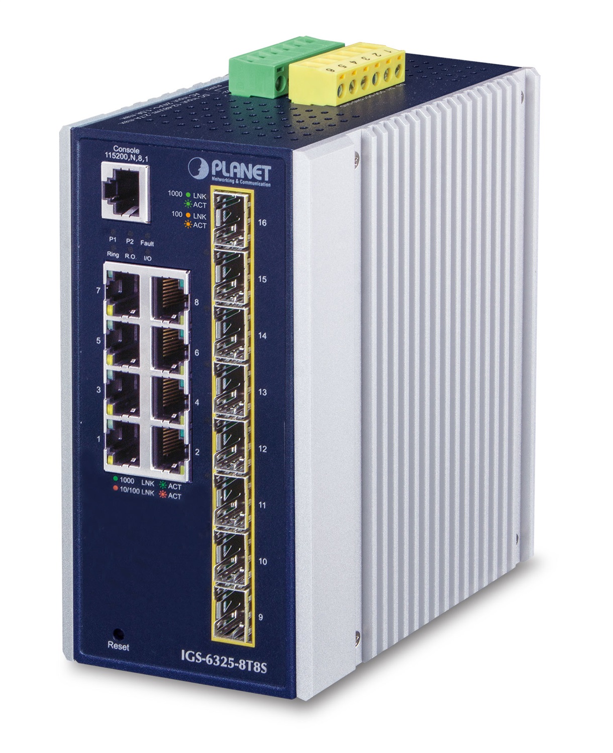 PLANET IP30 Industrial L3 Switch di rete 8-Port Gestito Gigabit Ethernet (10/100/1000) Blu, Bianco