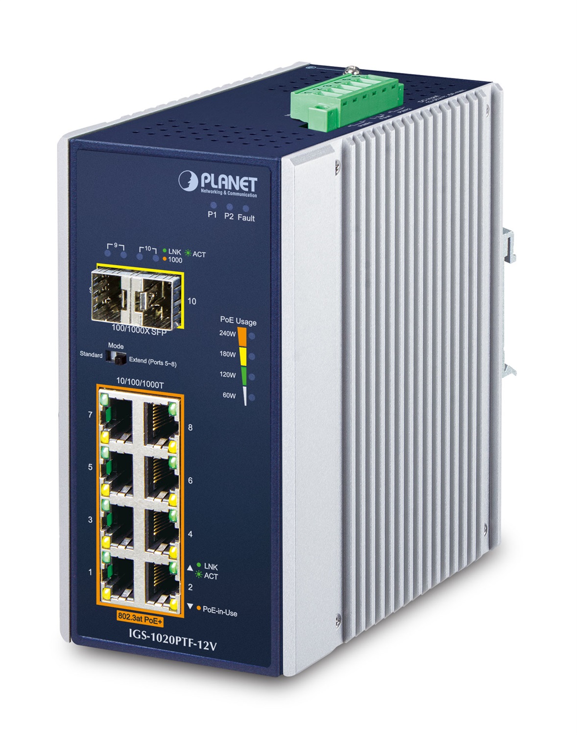 PLANET IP30 Ind 8-P 10/100/1000T Switch Non gestito Gigabit Ethernet con 8 porte RJ-45 e supporto Power over Ethernet (PoE) Blu, Bianco