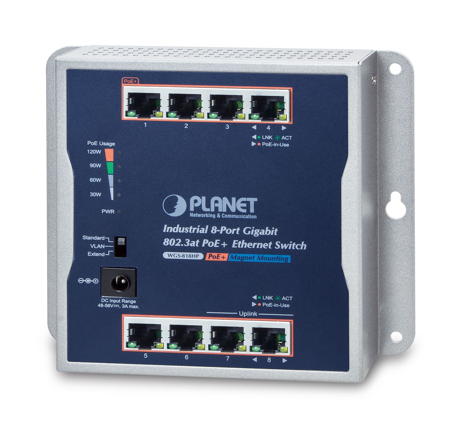 PLANET IP30 Industrial 8-Port Switch Non gestito Gigabit Ethernet (10/100/1000) con Supporto Power over Ethernet (PoE ) - Grigio