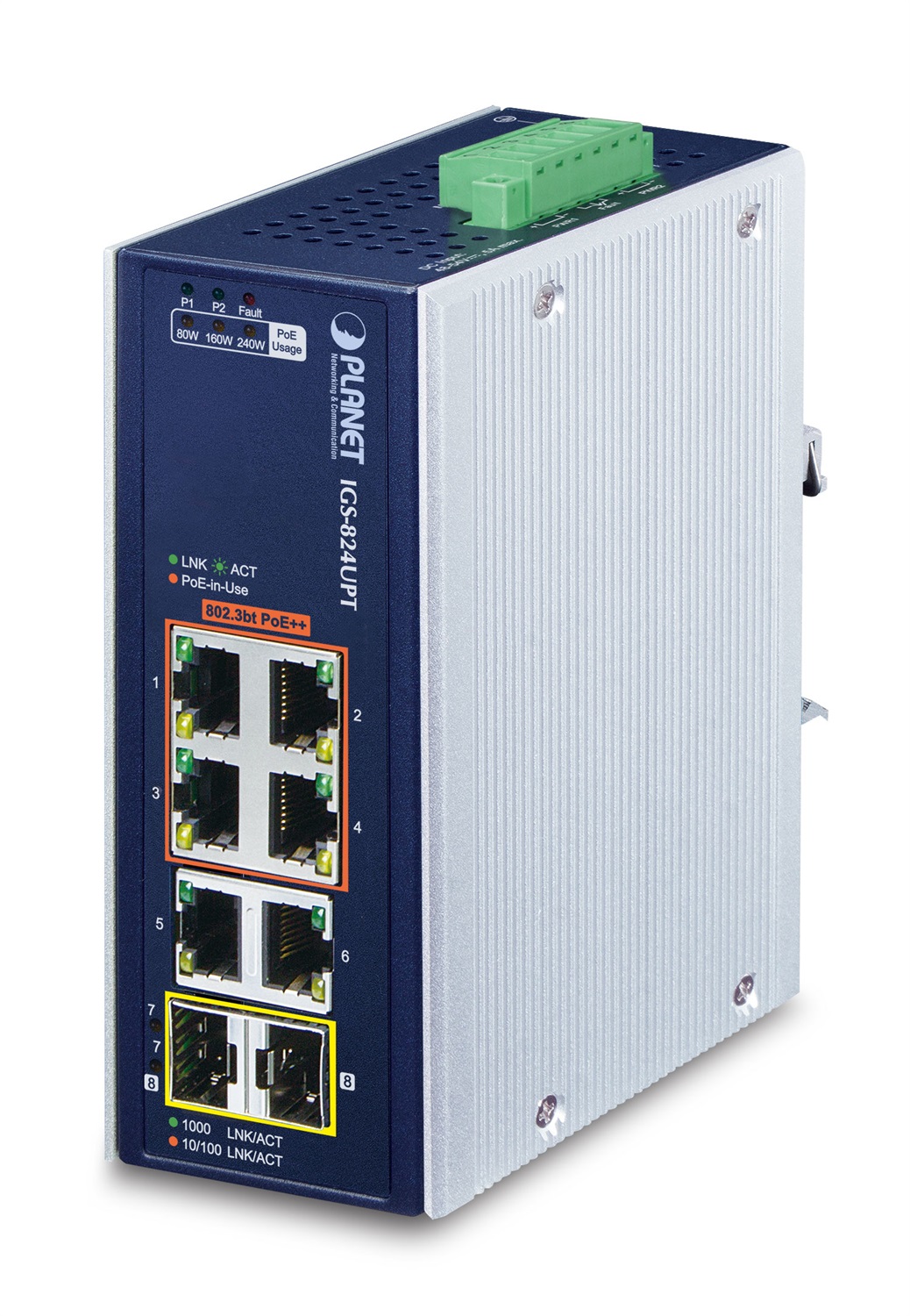 PLANET IP30 Industrial Switch 4-Port Non gestito Gigabit Ethernet (10/100/1000) con Supporto Power over Ethernet (PoE) 95W - Blu, Bianco