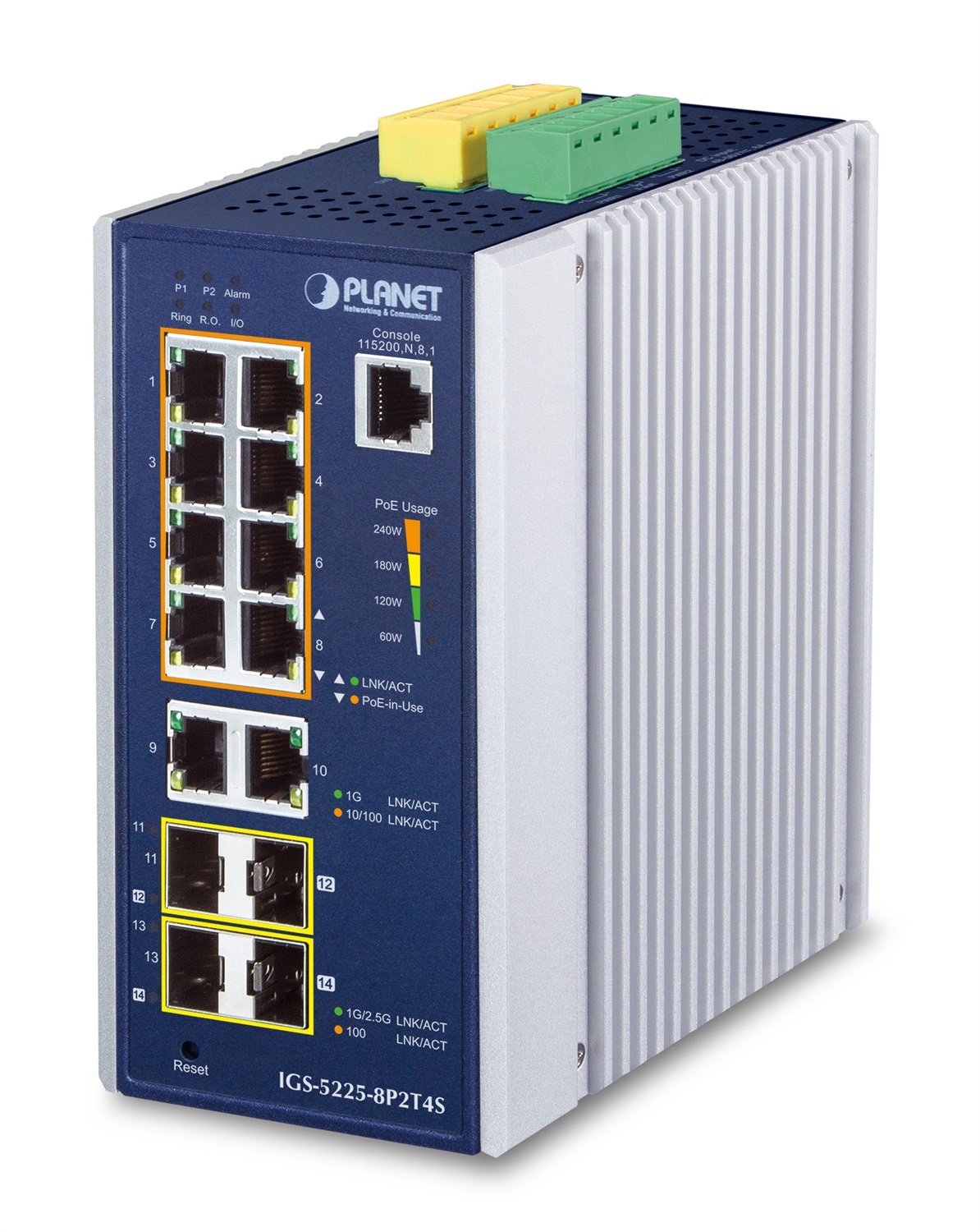 PLANET IP30 Switch di rete Industrial L2 /L4 8-Port Gestito L2 Gigabit Ethernet (10/100/1000) Alluminio, Blu con PoE