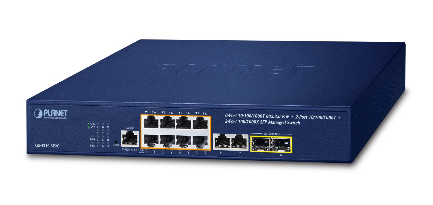 PLANET GS-4210-8P2C Switch di rete IPv4/IPv6 8-Port Managed L2/L4 Gigabit Ethernet 10/100/1000 con Supporto Power over Ethernet (PoE) 802.3at 1U Blu