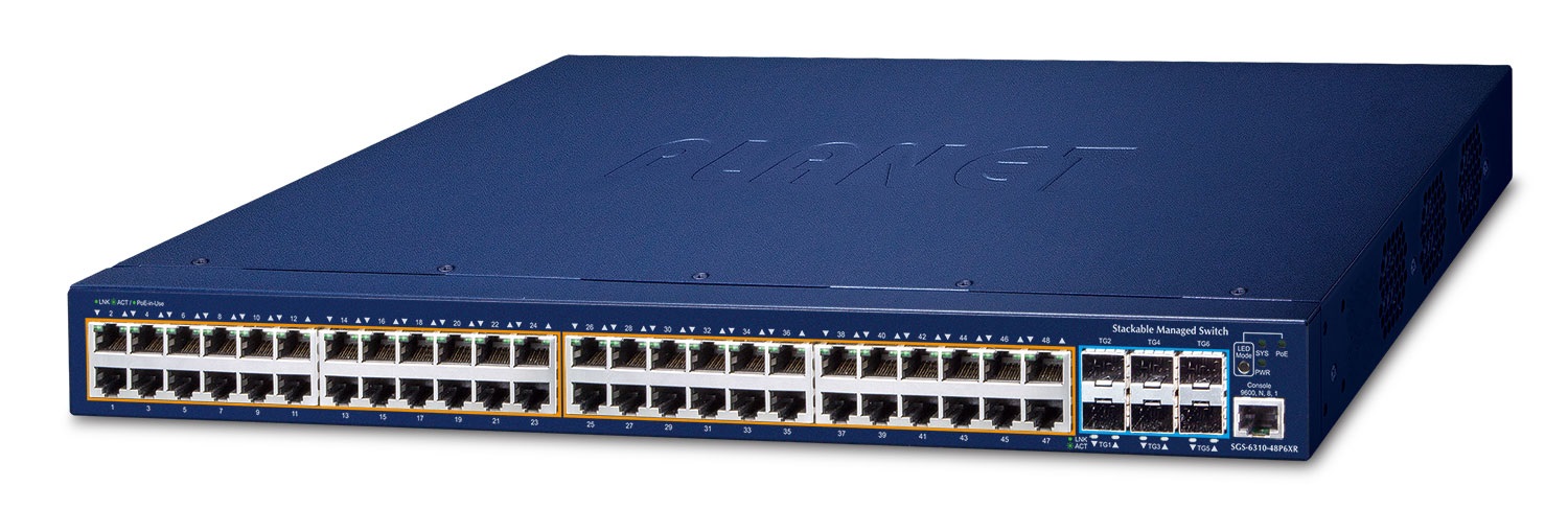 PLANET SGS-6310-48P6XR Switch di Rete Gestito L3 con 48 Porte Gigabit Ethernet (10/100/1000), Supporto Power over Ethernet (PoE), Rack 1U, Blu
