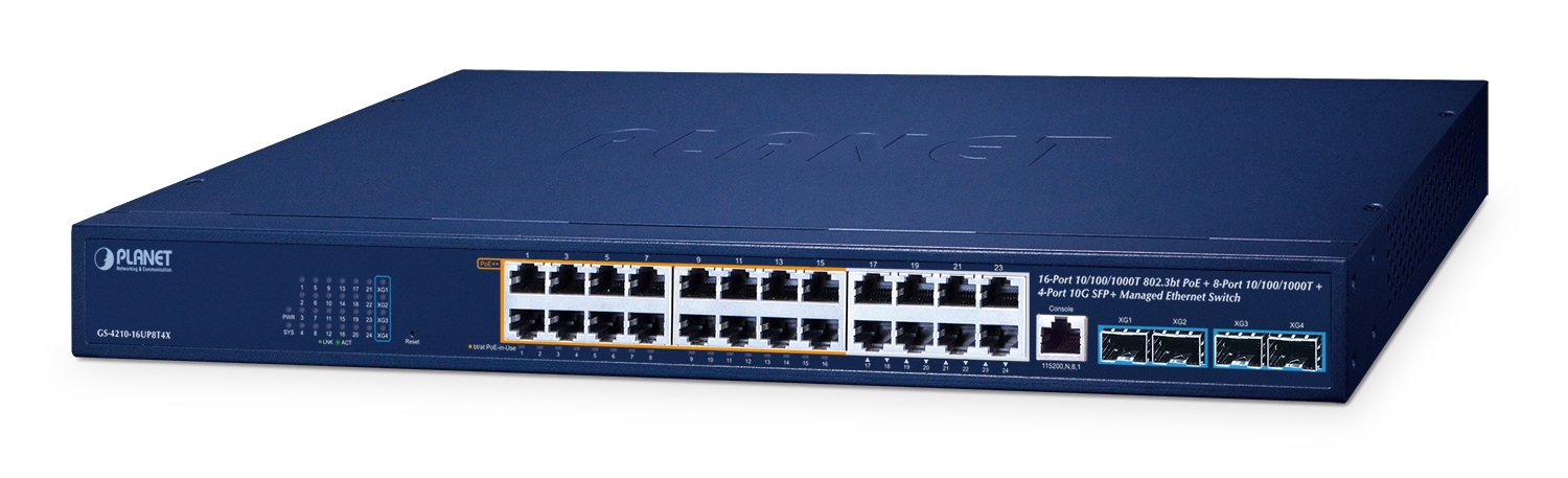 PLANET GS-4210-16UP8T4X Switch di Rete Gestito L2/L4 Gigabit Ethernet 16-Port 10/100/1000T 4-Port 10G SFP con 95W 802.3bt PoE