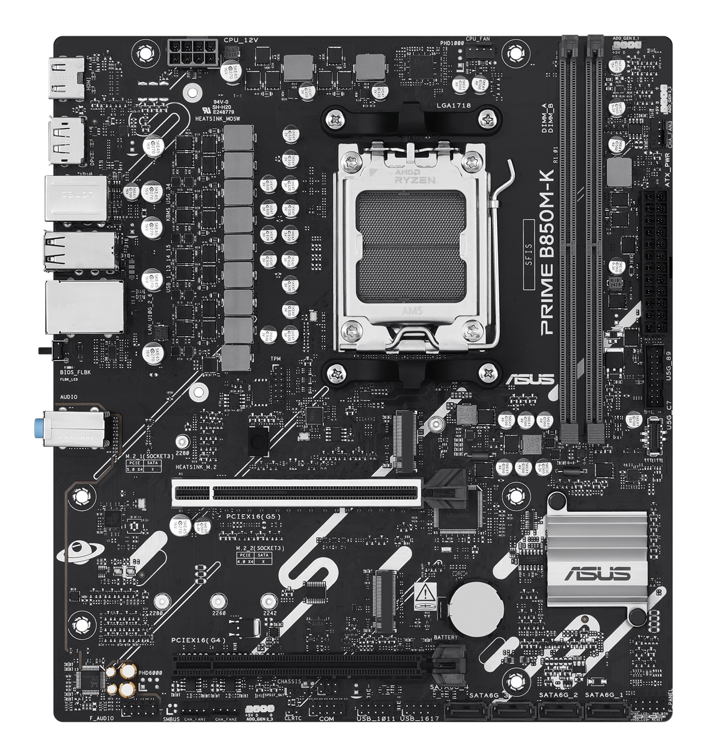 ASUS PRIME B850M-K Scheda Madre micro ATX AMD AM5 per Ryzen 7000/8000/9000, DDR5, 2 M.2, PCIe 5.0, 8 2 1 Fasi di Alimentazione, Realtek 2.5Gb Ethernet, DisplayPort, HDMI, USB-A 10Gbps e USB-C 5Gbps, BIOS Flashback, Aura Sync