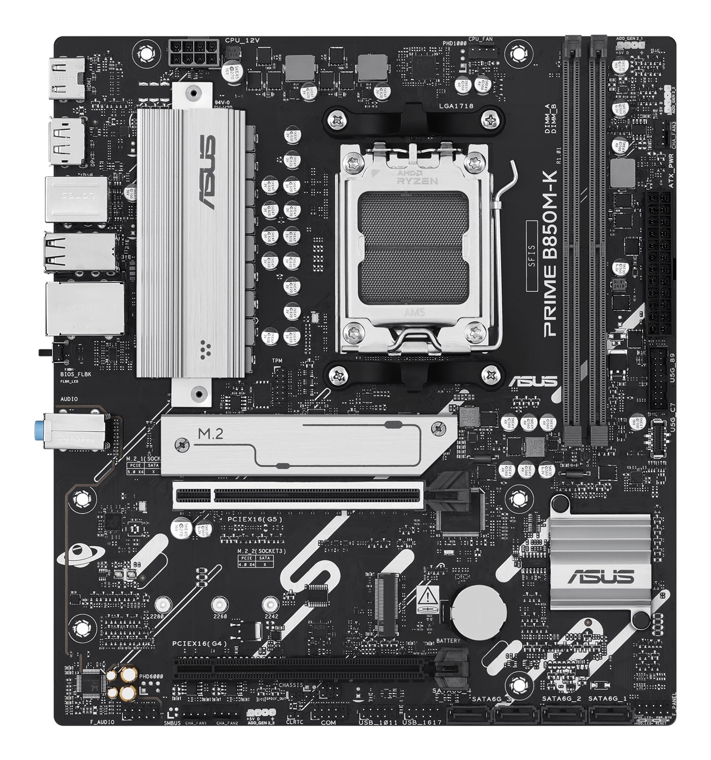 ASUS PRIME B850M-K Scheda Madre micro ATX AMD AM5 per Ryzen 7000/8000/9000, DDR5, 2 M.2, PCIe 5.0, 8 2 1 Fasi di Alimentazione, Realtek 2.5Gb Ethernet, DisplayPort, HDMI, USB-A 10Gbps e USB-C 5Gbps, BIOS Flashback, Aura Sync