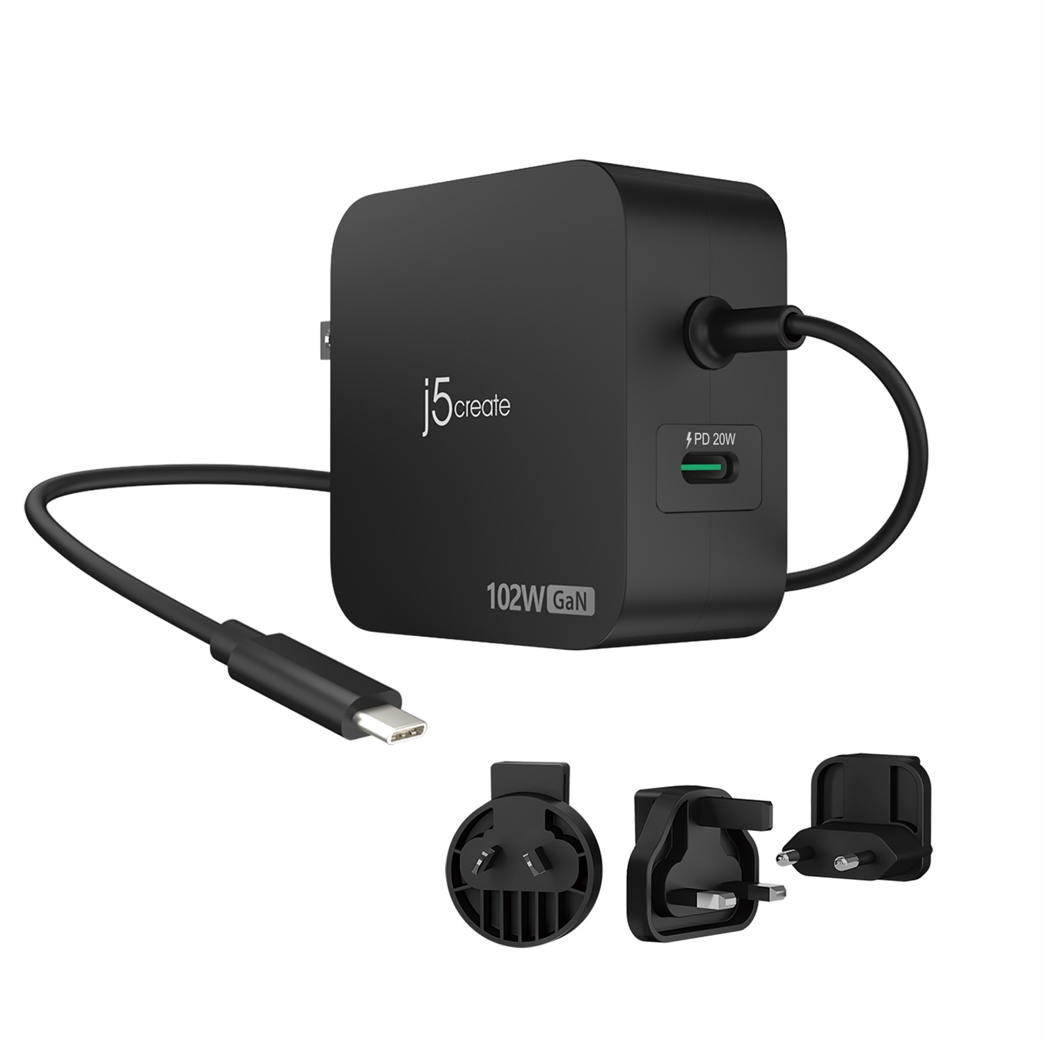 j5create Caricatore GaN PD USB-C 102W con 2 Porte e Spine Intercambiabili - Nero
