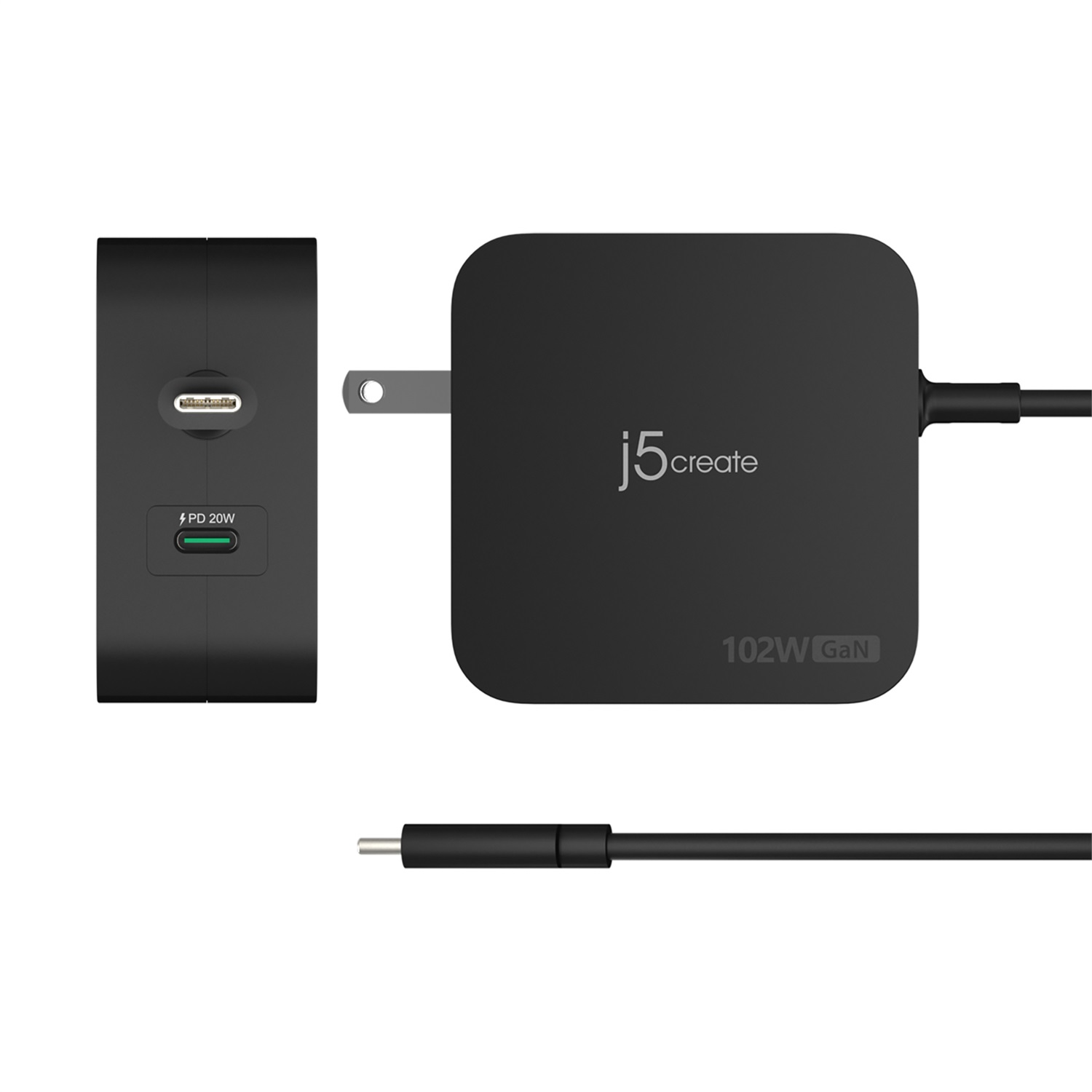 j5create Caricatore GaN PD USB-C 102W con 2 Porte e Spine Intercambiabili - Nero