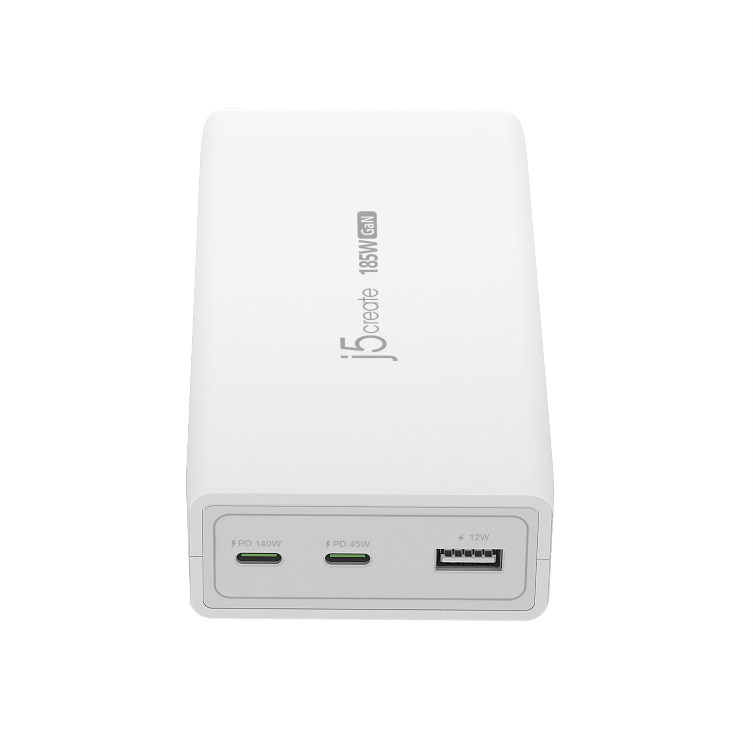 j5create JUP37185W-EN Caricabatterie GaN PD 3.1 da 185W con 3 porte USB-C e USB-A, Ricarica rapida, Bianco