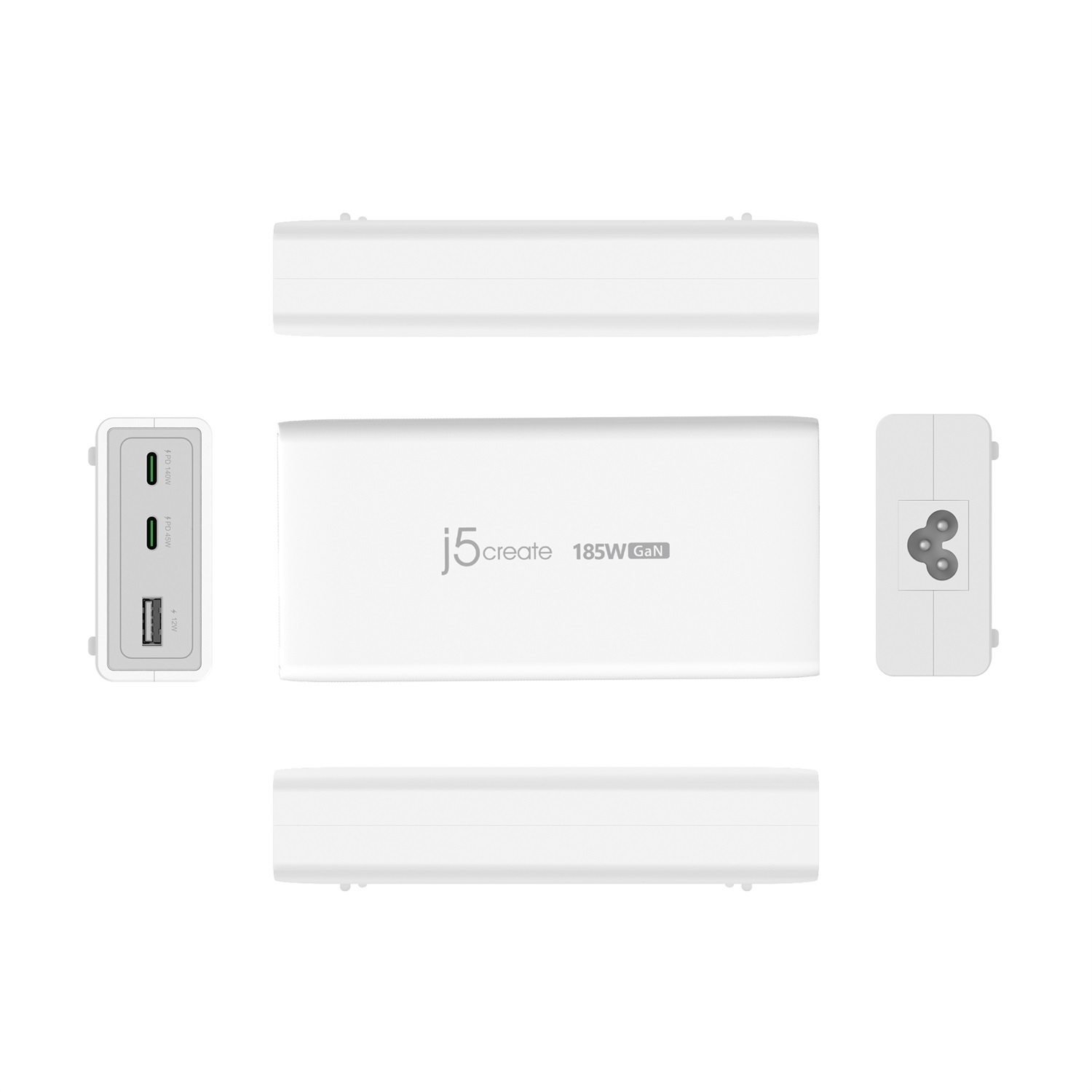 j5create JUP37185W-EN Caricabatterie GaN PD 3.1 da 185W con 3 porte USB-C e USB-A, Ricarica rapida, Bianco