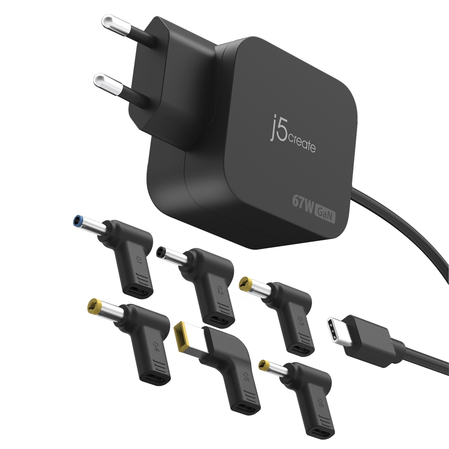 j5create Caricabatterie mini GaN-PD-USB-C 67W Universale con 6 Connettori CC Staccabili - Nero