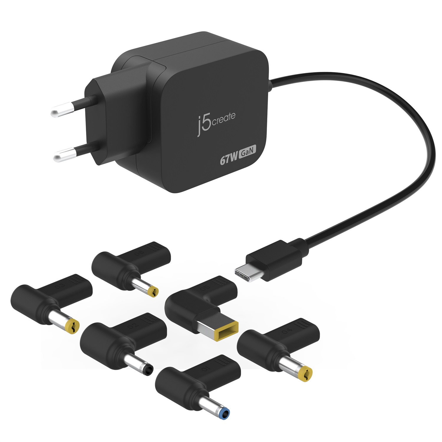 j5create Caricabatterie mini GaN-PD-USB-C 67W Universale con 6 Connettori CC Staccabili - Nero