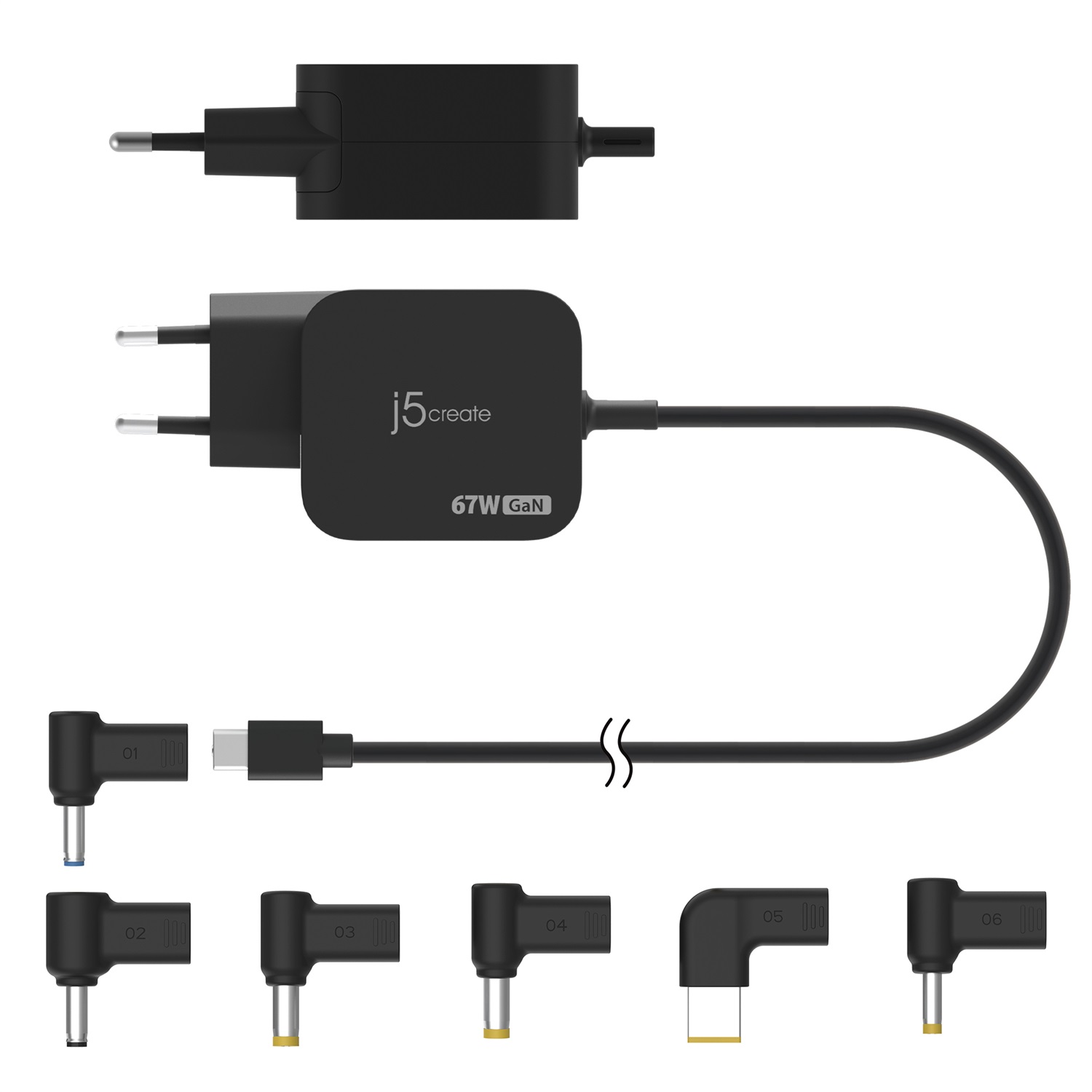 j5create Caricabatterie mini GaN-PD-USB-C 67W Universale con 6 Connettori CC Staccabili - Nero
