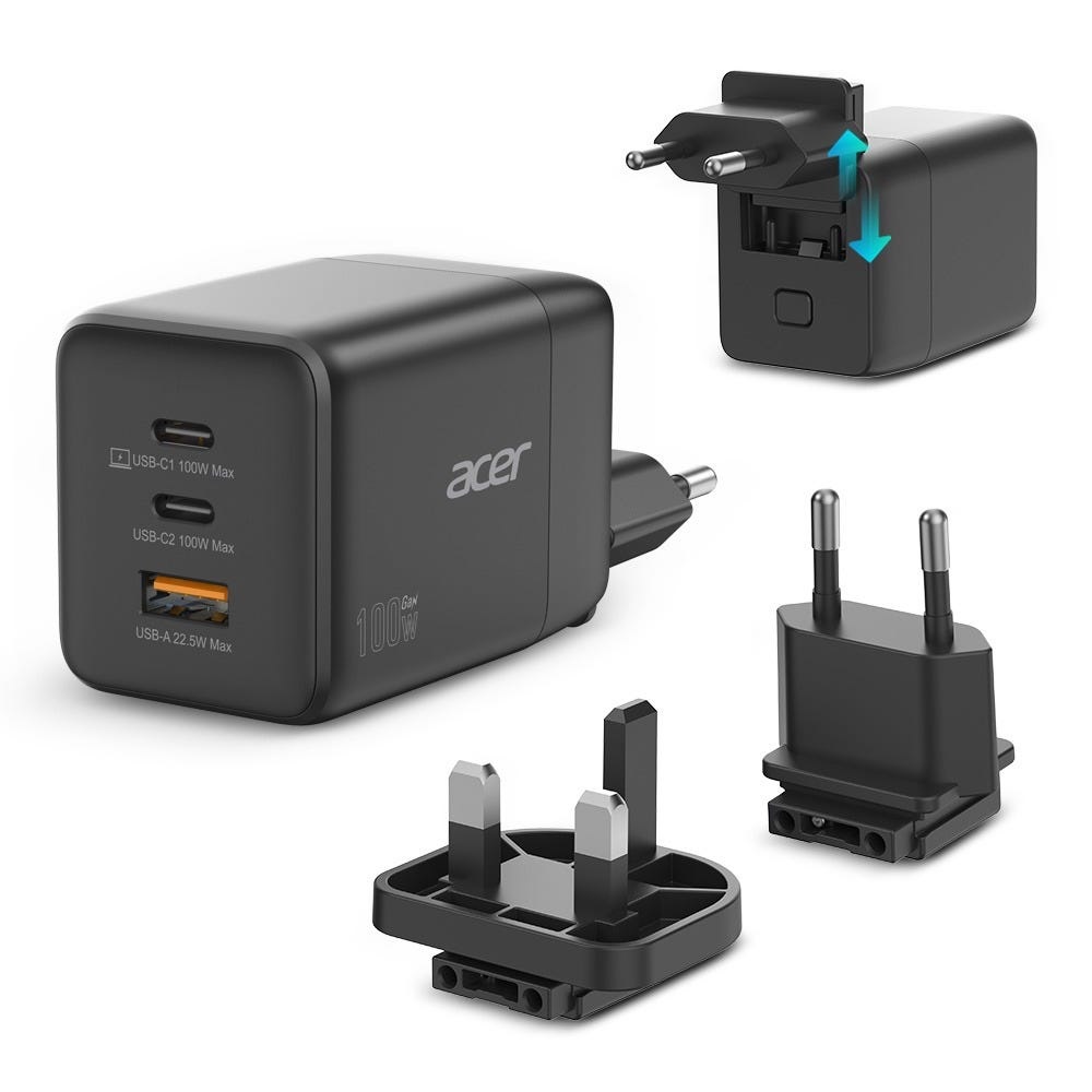 Acer Caricatore GaN 100W con 2 porte USB-C e 1 porta USB-A, ricarica rapida, spine rimovibili EU/UK