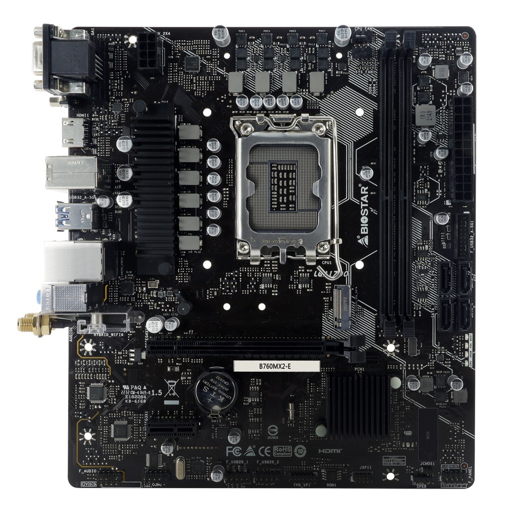 Biostar B760MX2-E Scheda Madre Intel B760 LGA 1700 Micro ATX con Supporto DDR4 e DDR5, 128 GB Max, 2 Slot DIMM, Uscite VGA/HDMI/DVI