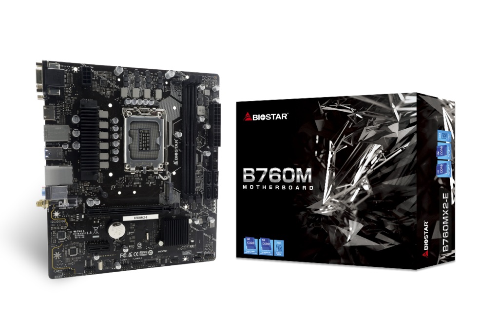 Biostar B760MX2-E Scheda Madre Intel B760 LGA 1700 Micro ATX con Supporto DDR4 e DDR5, 128 GB Max, 2 Slot DIMM, Uscite VGA/HDMI/DVI