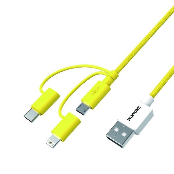 Pantone Cavo USB 3-in-1 1,2 m con USB-C, Lightning e Micro USB, Fino a 2,4 A di Potenza in Uscita, Giallo