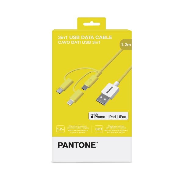 Pantone Cavo USB 3-in-1 1,2 m con USB-C, Lightning e Micro USB, Fino a 2,4 A di Potenza in Uscita, Giallo