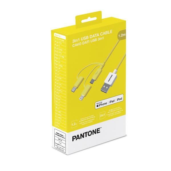Pantone Cavo USB 3-in-1 1,2 m con USB-C, Lightning e Micro USB, Fino a 2,4 A di Potenza in Uscita, Giallo