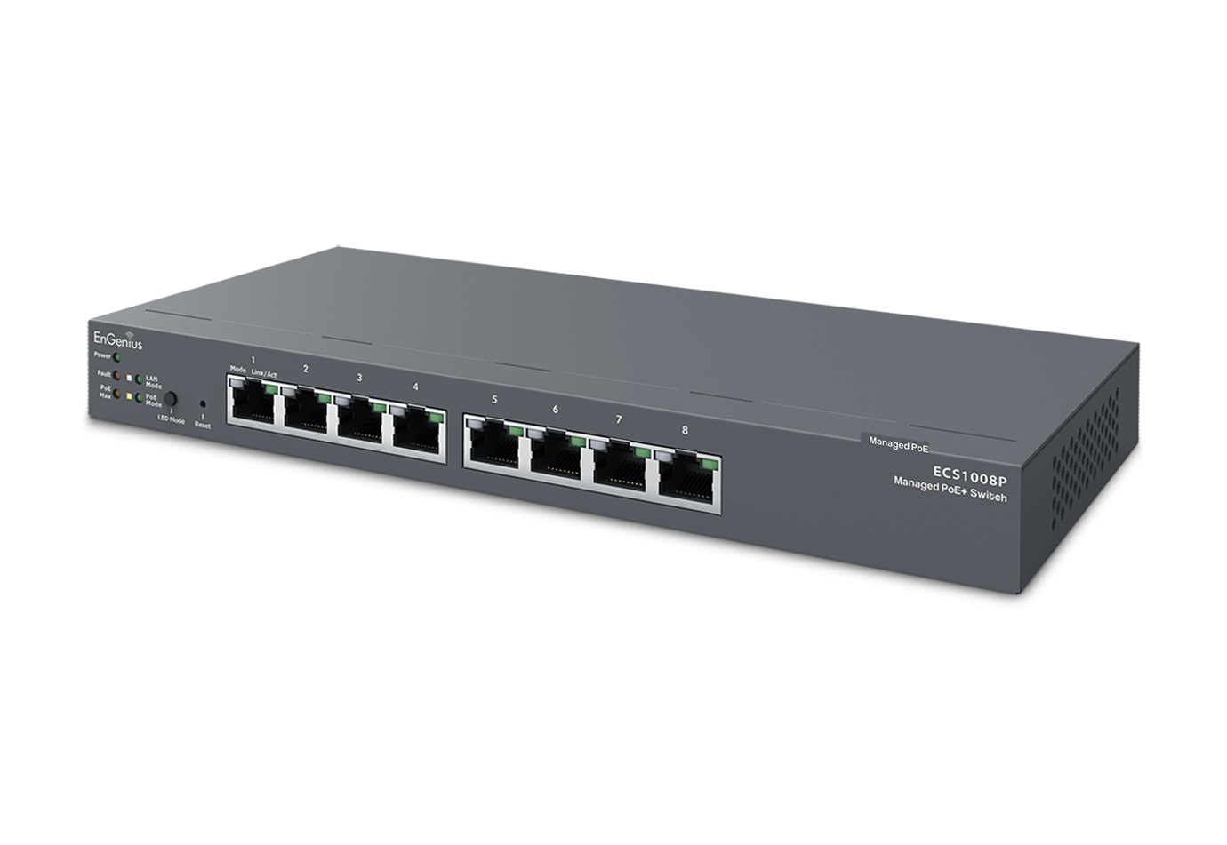 EnGenius ECS1008P Switch di Rete Gestito L2 con 8 Porte Gigabit Ethernet (10/100/1000), Supporto Power over Ethernet (PoE) 802.3af, Montabile a Parete, Nero
