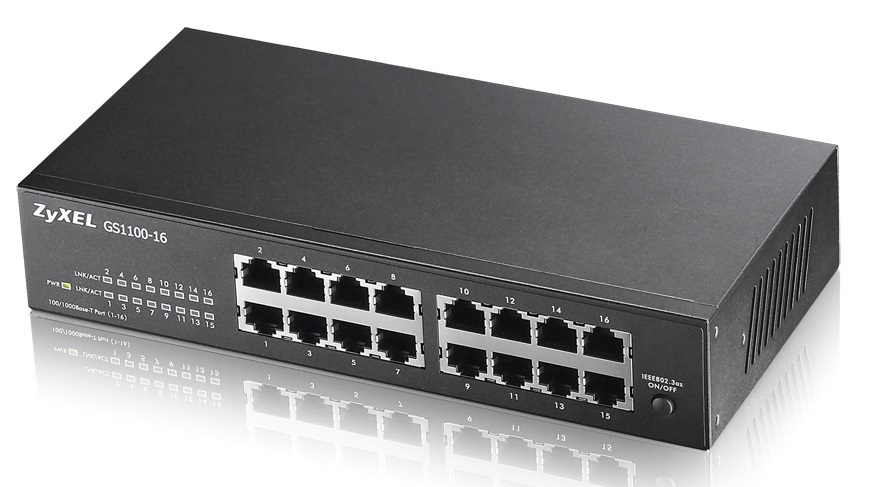 Zyxel GS1100-16 Switch Non Gestito 16 Porte Gigabit Ethernet (10/100/1000) Design Senza Ventole Montaggio Rack/Montabile a Parete