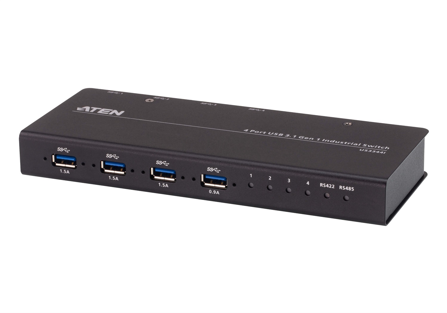 ATEN Switch Hub Industriale USB 3.2 Gen 1, 4 x 4, Modello US3344I, Velocità fino a 5 Gbps, Colore Nero, Scocca in Metallo