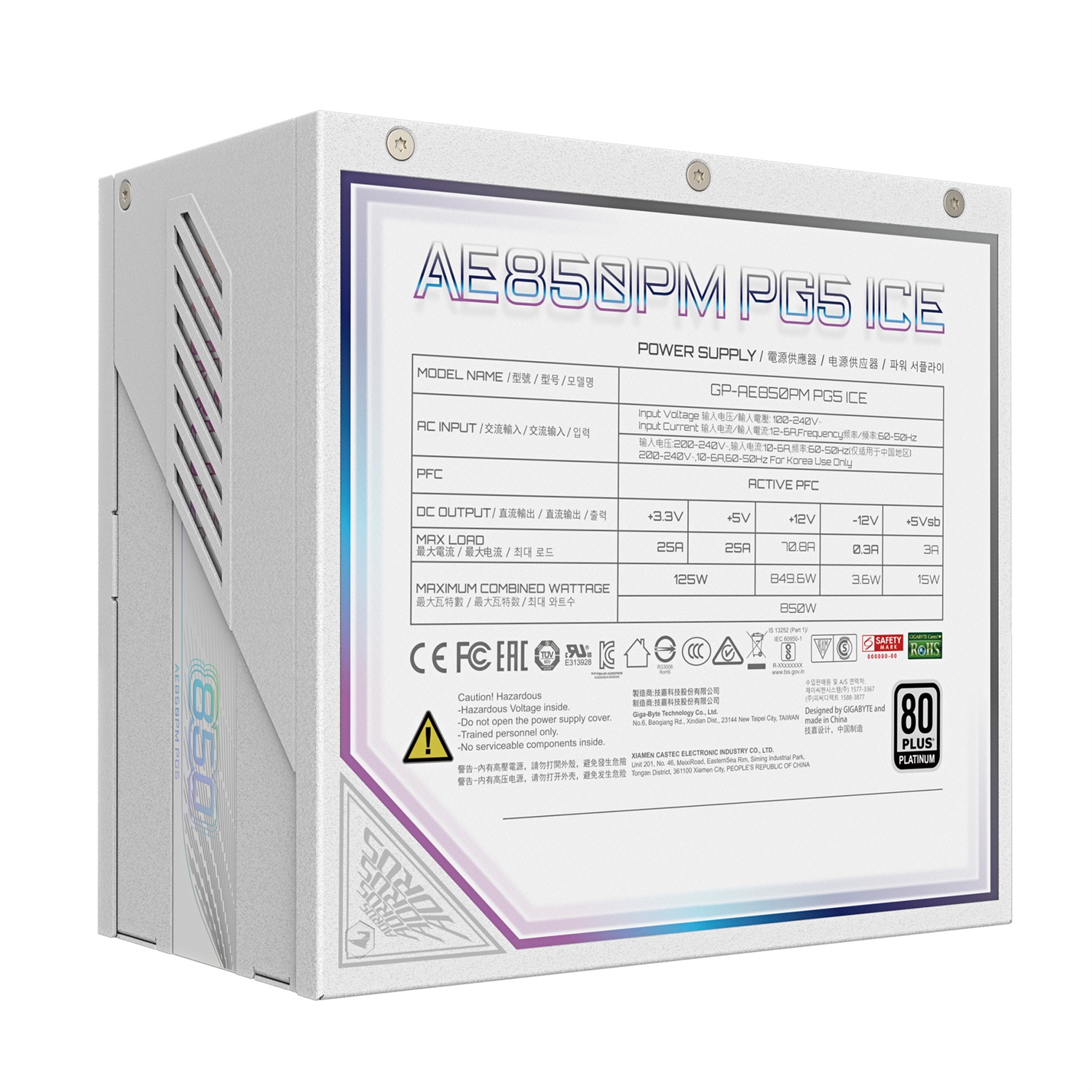 GIGABYTE AORUS ELITE P850W ICE Alimentatore - 850W, PCIe 5.0, 80 PLUS Platinum, Design Completamente Modulare, Ventola da 120 mm, Compatibile con ATX 3.0, Spina EU