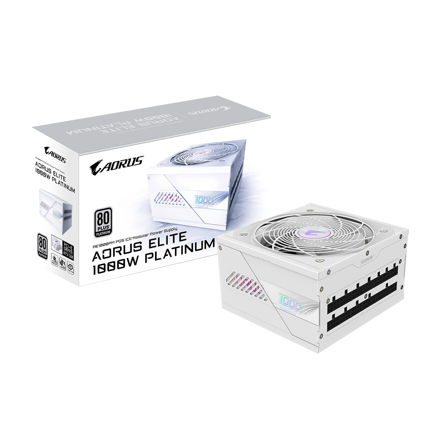 GIGABYTE AORUS ELITE P1000W ICE Alimentatore - 1000W, 80 PLUS Platinum, Design Modulare, Ventola da 120 mm, PCIe 5.0, Compatibile con ATX 3.0, Spina EU