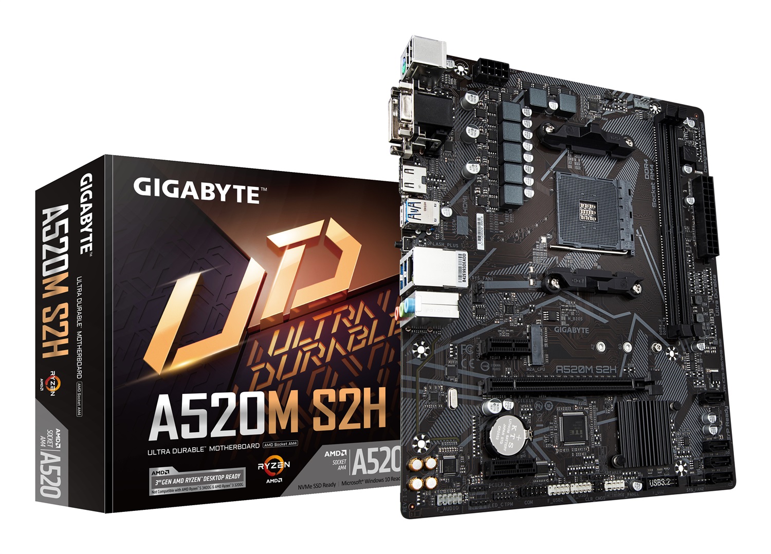 GIGABYTE A520M S2H Scheda madre micro ATX Socket AM4 - Supporta CPU AMD Ryzen serie 5000, VRM digitale 4 3 fasi, fino a 5100MHz DDR4 (OC), M.2 PCIe 3.0 x4, LAN GbE, USB 3.2 Gen 1