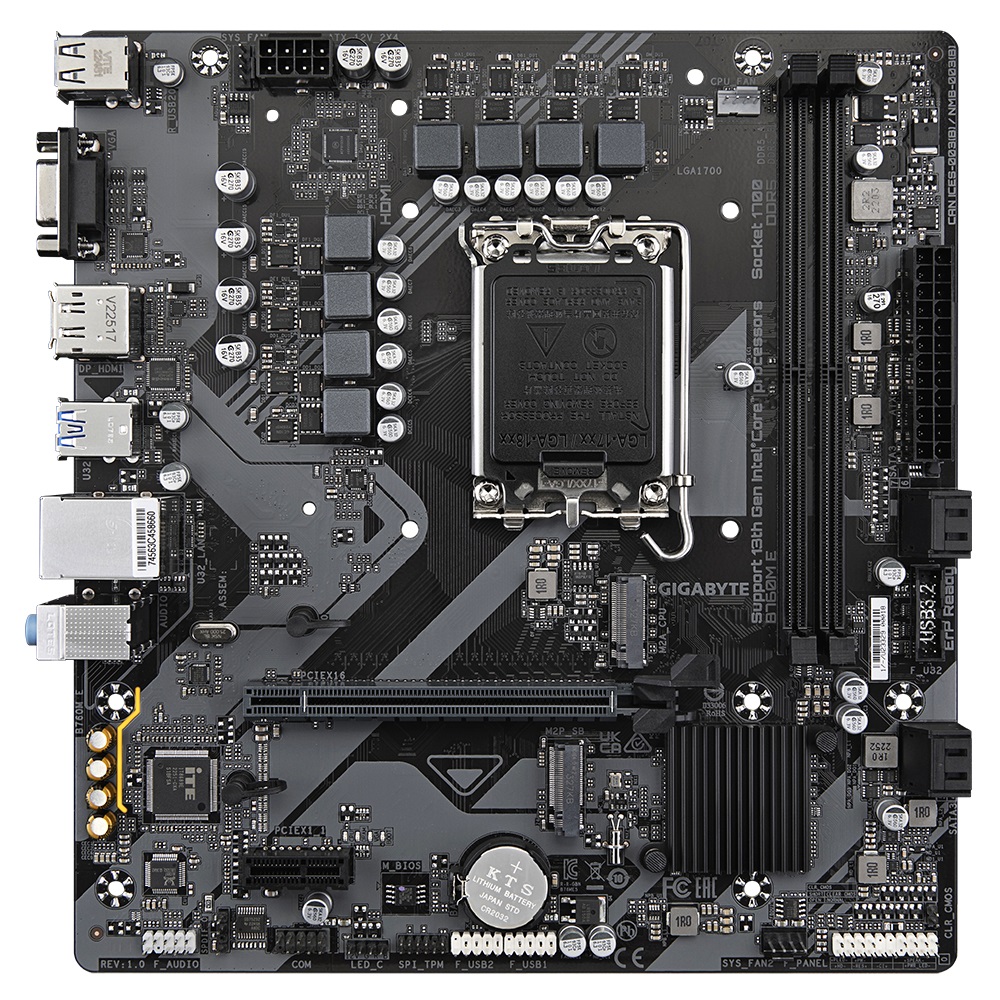 GIGABYTE B760M E Scheda madre - LGA 1700, Supporta CPU Intel Core 14ª generazione, VRM 6 1 1, fino a 7200 MHz DDR5 (OC), 2x PCIe 4.0 M.2, LAN 1 GbE, USB 3.2 Gen 1
