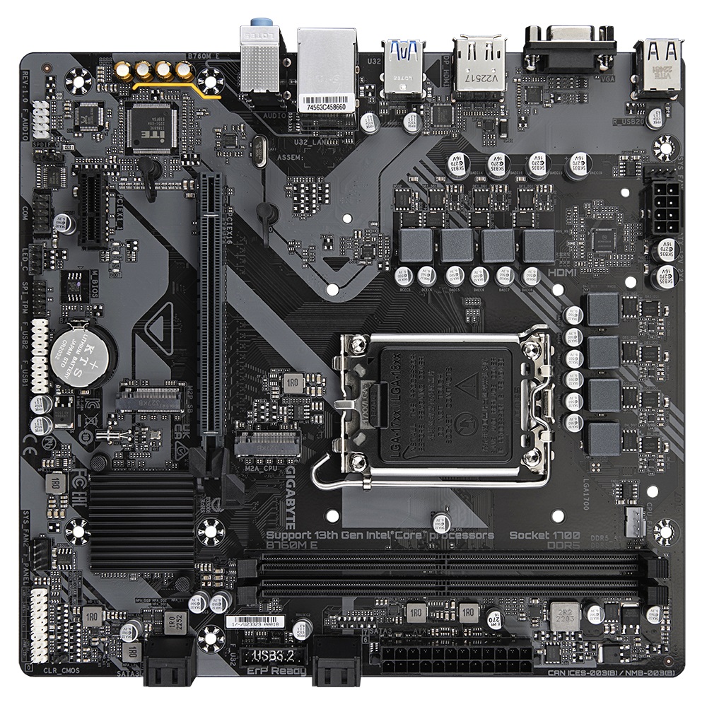 GIGABYTE B760M E Scheda madre - LGA 1700, Supporta CPU Intel Core 14ª generazione, VRM 6 1 1, fino a 7200 MHz DDR5 (OC), 2x PCIe 4.0 M.2, LAN 1 GbE, USB 3.2 Gen 1