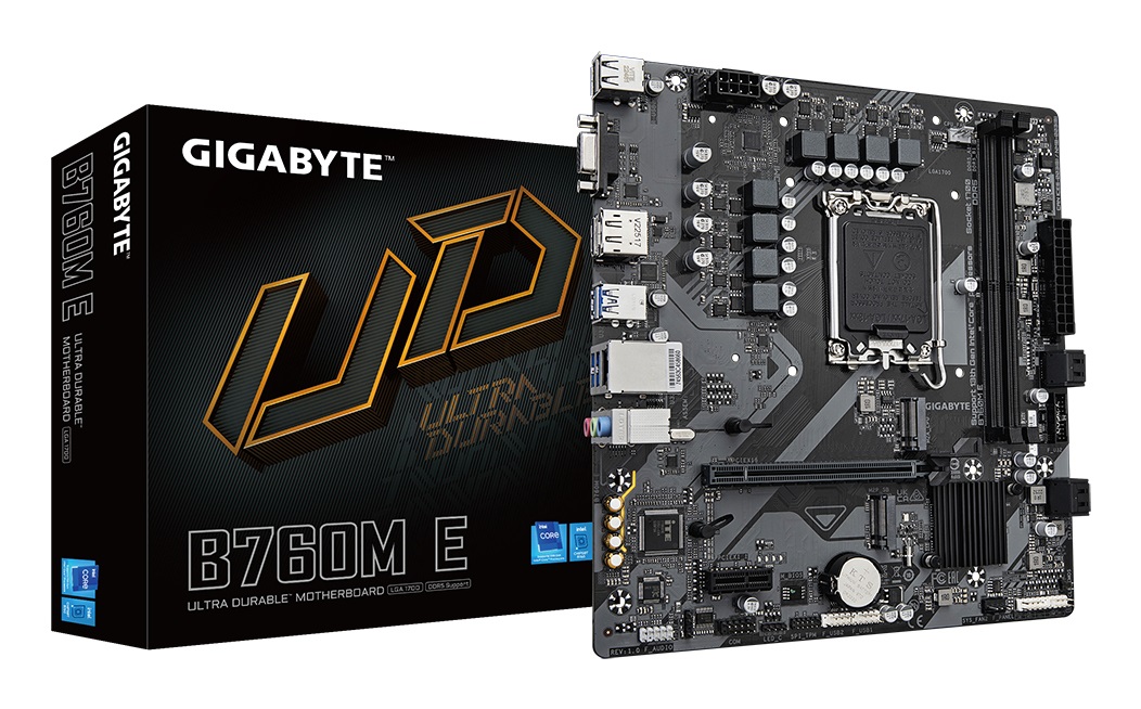 GIGABYTE B760M E Scheda madre - LGA 1700, Supporta CPU Intel Core 14ª generazione, VRM 6 1 1, fino a 7200 MHz DDR5 (OC), 2x PCIe 4.0 M.2, LAN 1 GbE, USB 3.2 Gen 1