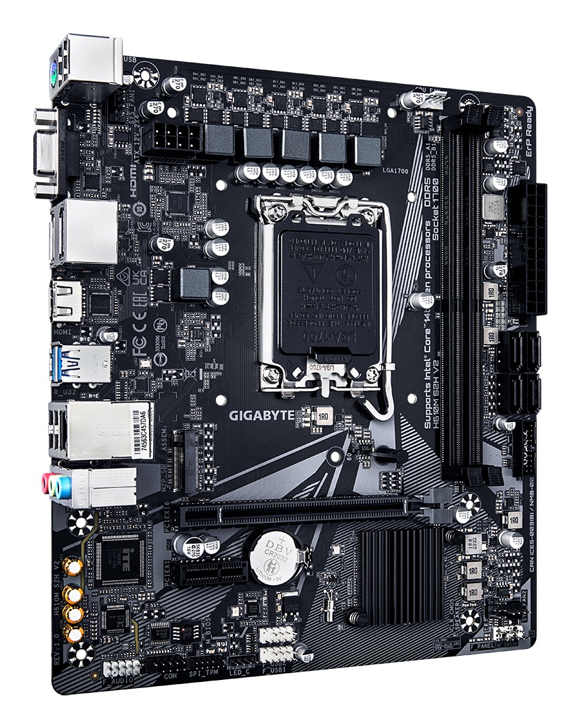 GIGABYTE H610M S2H V2 Scheda Madre - Intel H610, LGA 1700, Supporto CPU Intel Core fino alla 14a generazione, DDR5 fino a 5600MHz, 4 1 1 Fasi Ibride VRM, 1x PCIe 3.0 M.2, GbE LAN, USB 3.2 Gen 1