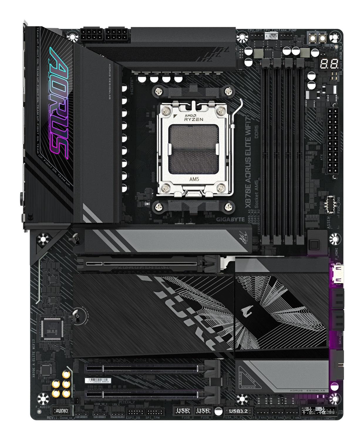 GIGABYTE X870E AORUS ELITE WIFI7 Scheda Madre AM5 - Supporta CPU AMD Ryzen 9000, 16 2 2 fasi VRM, fino a 8000MHz DDR5 (OC), 3xPCIe 5.0 1xPCIe 4.0, Wi-Fi 7, LAN 2.5GbE, USB 4