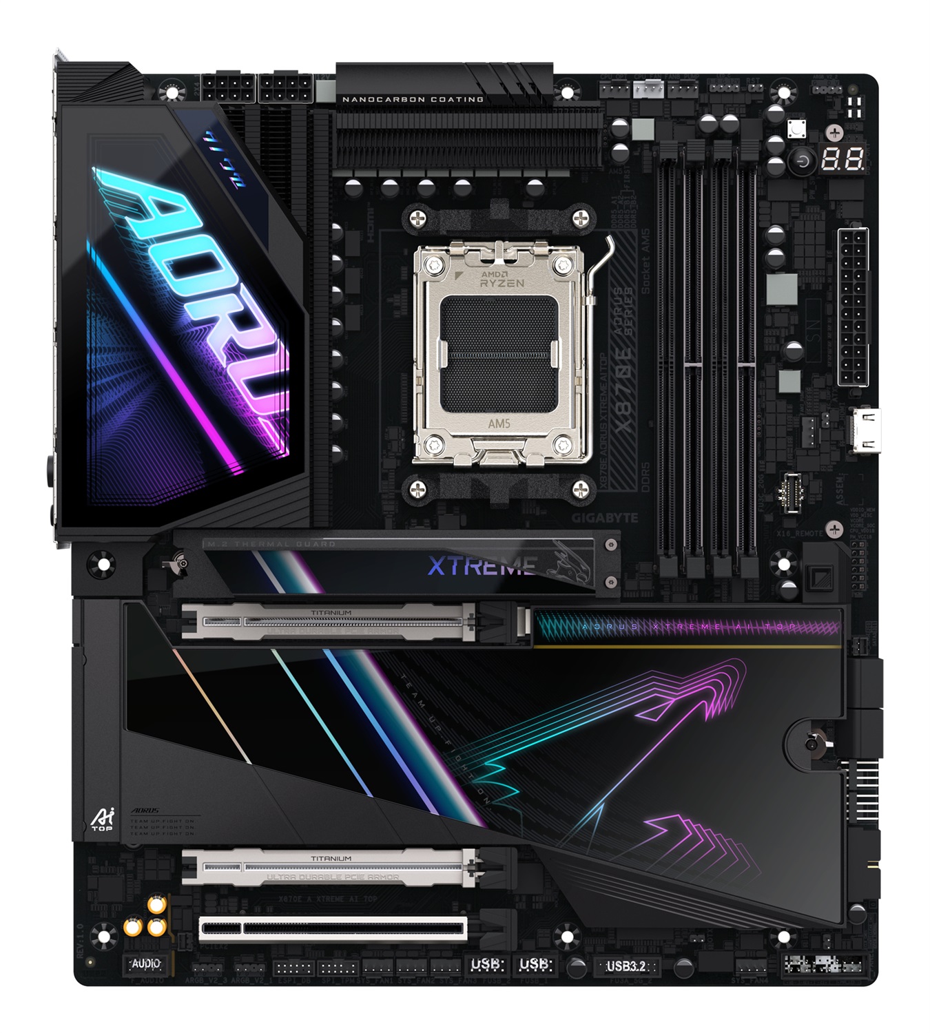 GIGABYTE X870E AORUS XTREME AI TOP Scheda Madre - Supporta CPU AMD Ryzen serie 9000, VRM a 18 2 2 fasi, fino a 8800 MHz DDR5 (OC), 1xPCIe 5.0 M.2 3xPCIe 4.0 M.2, WI-FI 7, LAN 10 GbE, USB 4, Socket AM5