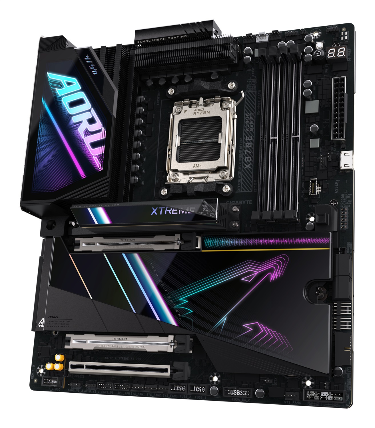 GIGABYTE X870E AORUS XTREME AI TOP Scheda Madre - Supporta CPU AMD Ryzen serie 9000, VRM a 18 2 2 fasi, fino a 8800 MHz DDR5 (OC), 1xPCIe 5.0 M.2 3xPCIe 4.0 M.2, WI-FI 7, LAN 10 GbE, USB 4, Socket AM5