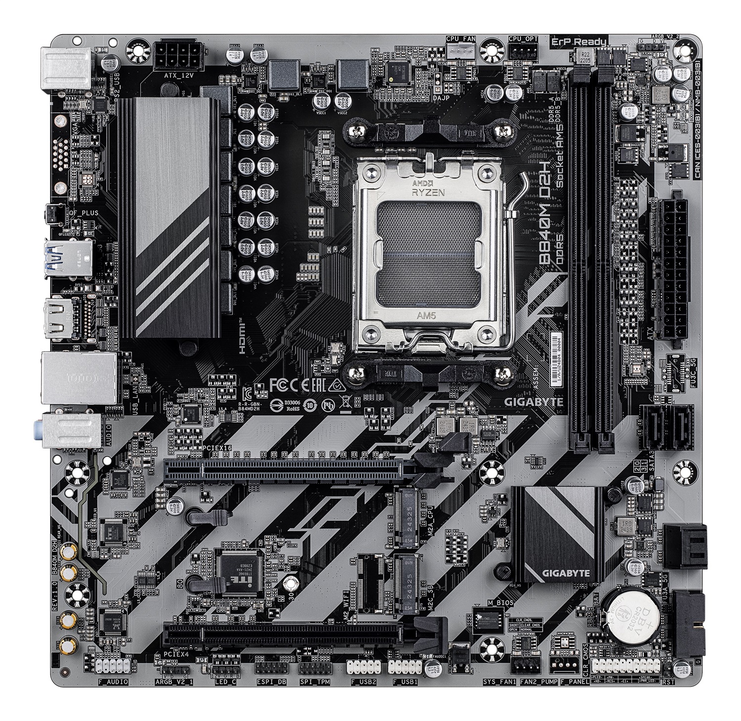 GIGABYTE B840M D2H Scheda madre AM5 - Compatibile con CPU AMD Ryzen 9000, VRM a 5 2 2 fasi, fino a 7600 MHz DDR5, 1x PCIe 4.0 1x PCIe 3.0 M.2, LAN 2.5GbE, USB 3.2 Gen 1