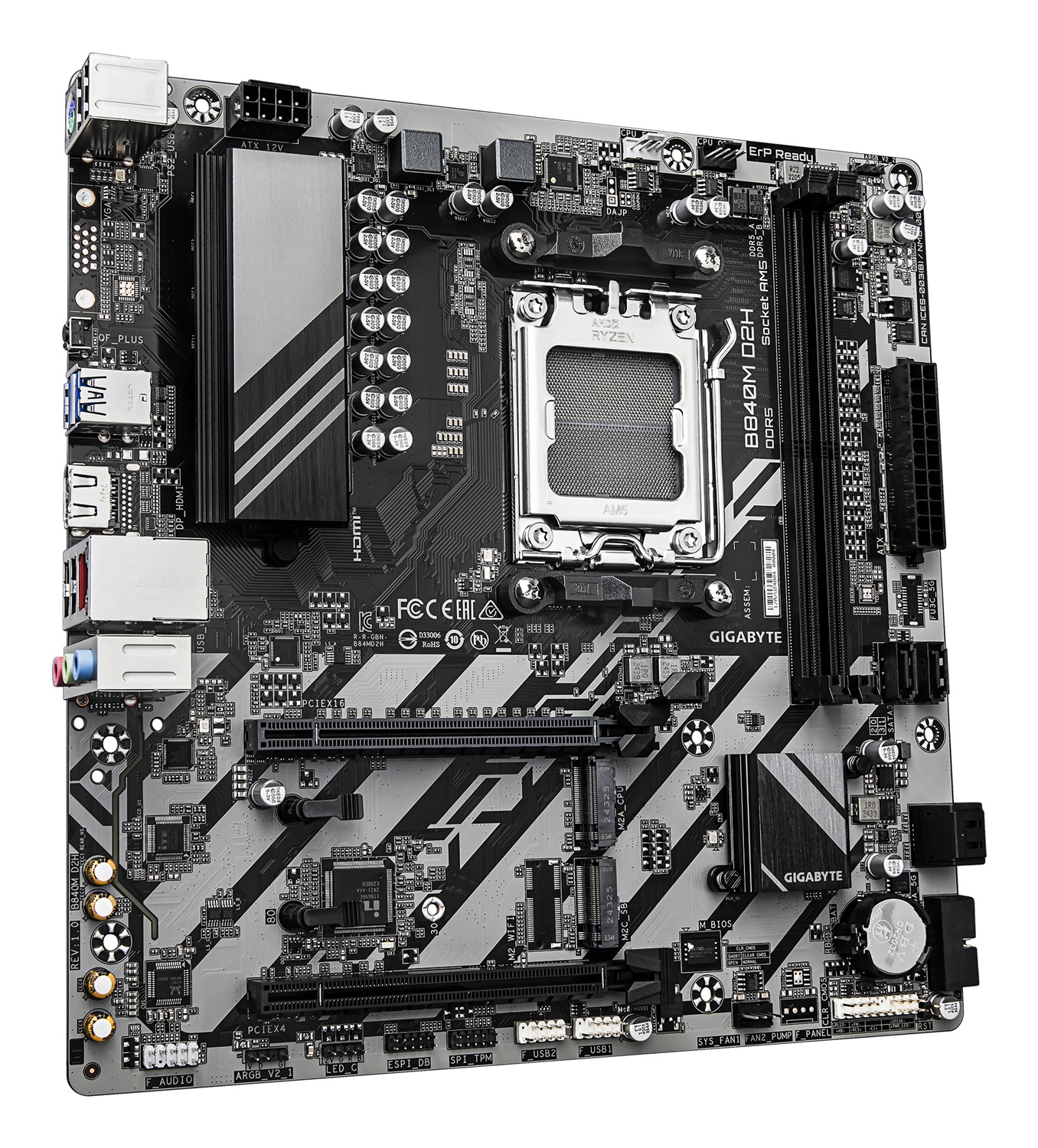 GIGABYTE B840M D2H Scheda madre AM5 - Compatibile con CPU AMD Ryzen 9000, VRM a 5 2 2 fasi, fino a 7600 MHz DDR5, 1x PCIe 4.0 1x PCIe 3.0 M.2, LAN 2.5GbE, USB 3.2 Gen 1