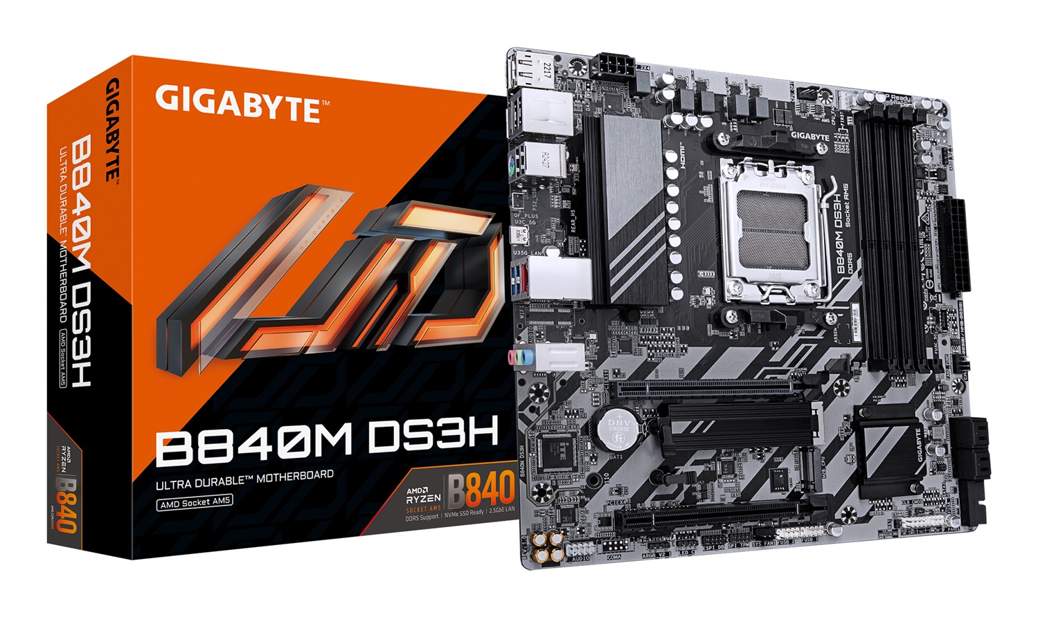 GIGABYTE B840M DS3H Scheda madre AM5 - Compatibile con CPU AMD Ryzen 7000/8000/9000, VRM 8 2 2 fasi, fino a 8200 MHz DDR5, 2x PCIe 4.0 M.2, LAN 2.5GbE, USB 3.2 Gen 1