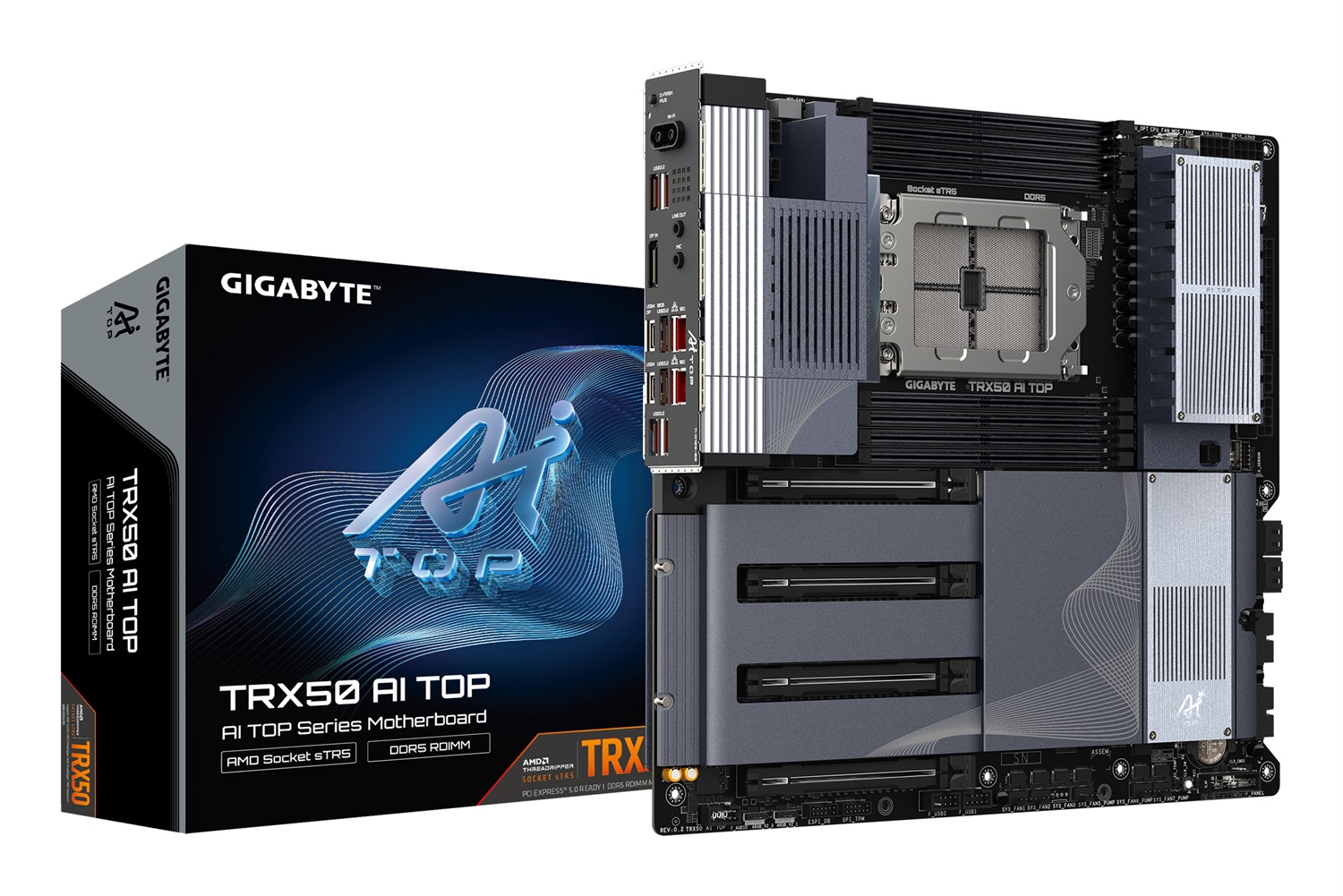 GIGABYTE TRX50 AI TOP-2B Scheda Madre E-ATX - Socket sTR5 - Compatibile con CPU AMD Ryzen Threadripper PRO 7000, VRM Digitale a 16 8 4 fasi, Fino a 5200 MHz DDR5, 4 x M.2 PCIe 5.0, Wi-Fi 7, LAN 10 GbE, USB 3.2 Gen 2x2