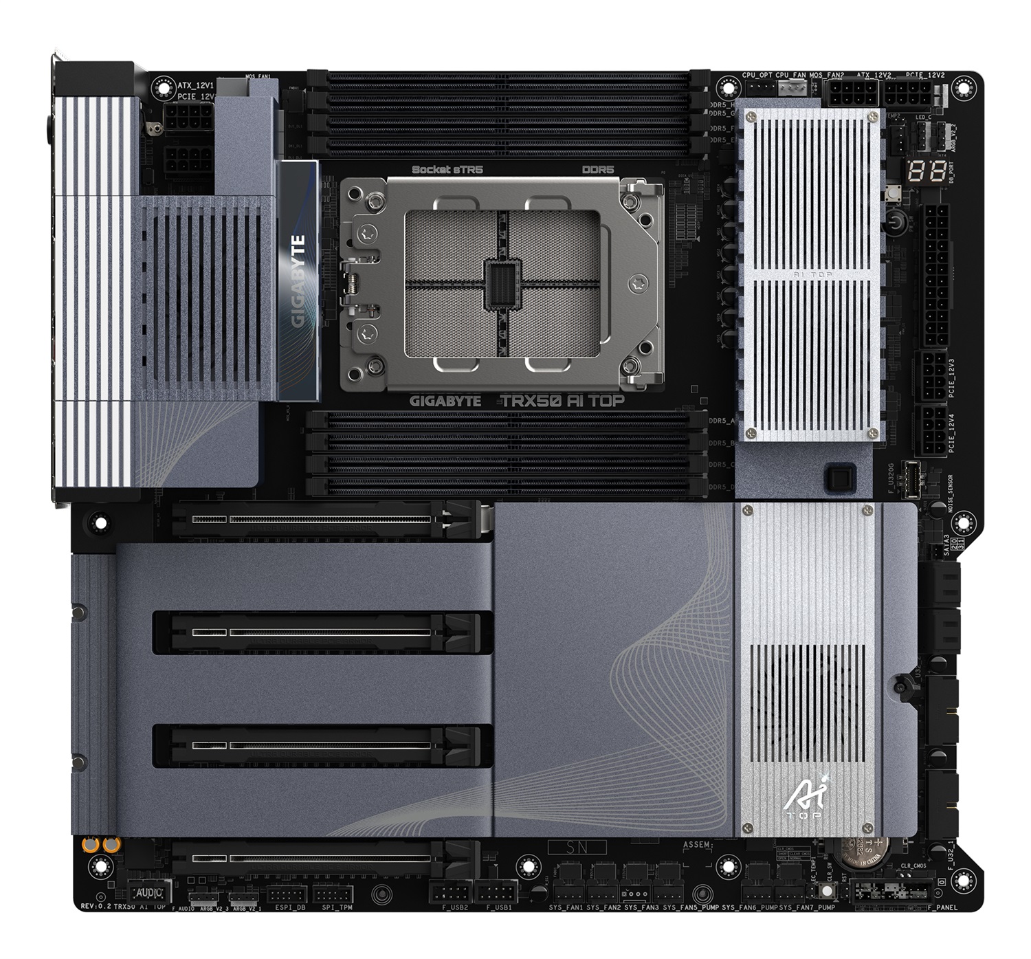 GIGABYTE TRX50 AI TOP-2B Scheda Madre E-ATX - Socket sTR5 - Compatibile con CPU AMD Ryzen Threadripper PRO 7000, VRM Digitale a 16 8 4 fasi, Fino a 5200 MHz DDR5, 4 x M.2 PCIe 5.0, Wi-Fi 7, LAN 10 GbE, USB 3.2 Gen 2x2