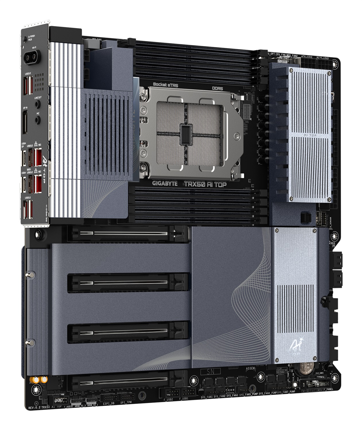 GIGABYTE TRX50 AI TOP-2B Scheda Madre E-ATX - Socket sTR5 - Compatibile con CPU AMD Ryzen Threadripper PRO 7000, VRM Digitale a 16 8 4 fasi, Fino a 5200 MHz DDR5, 4 x M.2 PCIe 5.0, Wi-Fi 7, LAN 10 GbE, USB 3.2 Gen 2x2