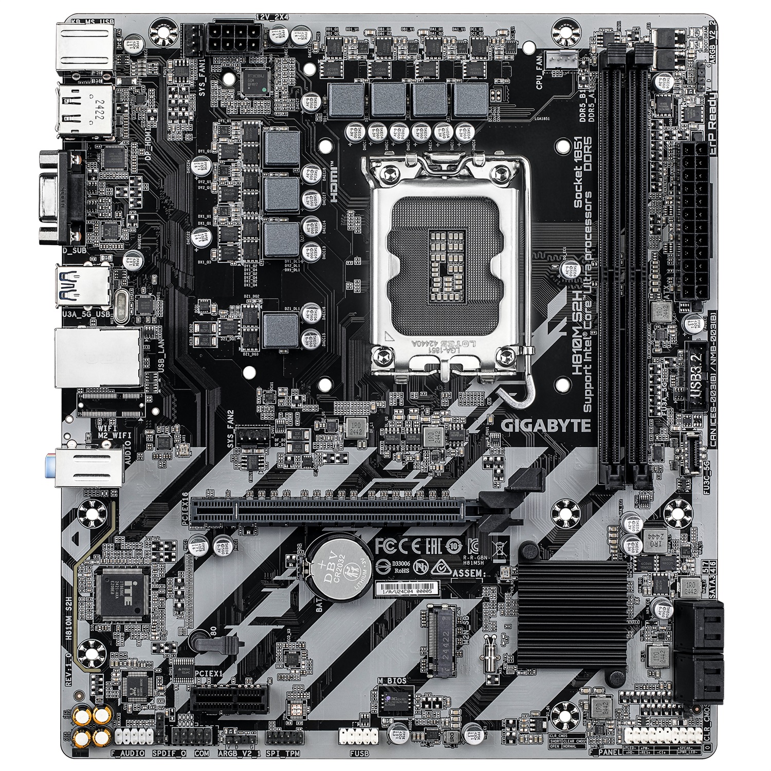GIGABYTE H810M S2H Scheda Madre - Compatibile con CPU Intel Core Ultra (Serie 2), VRM 4 1 2, Fino a 6400 MHz DDR5, 1xPCIe 4.0 M.2, LAN 1GbE, USB 3.2 Gen 1
