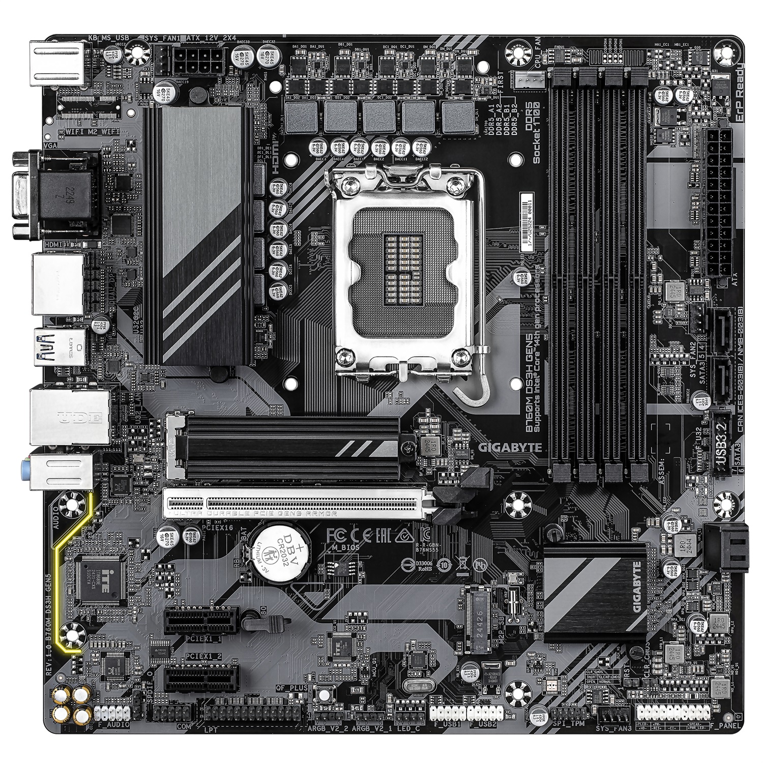 GIGABYTE B760M DS3H GEN5 Scheda Madre - Supporta CPU Intel Core 14ª generazione, VRM digitale a 6 2 1 fasi, fino a 5600 MHz DDR5, 2 x M.2 PCIe 4.0, LAN 2.5GbE, USB 3.2 Gen2, micro ATX