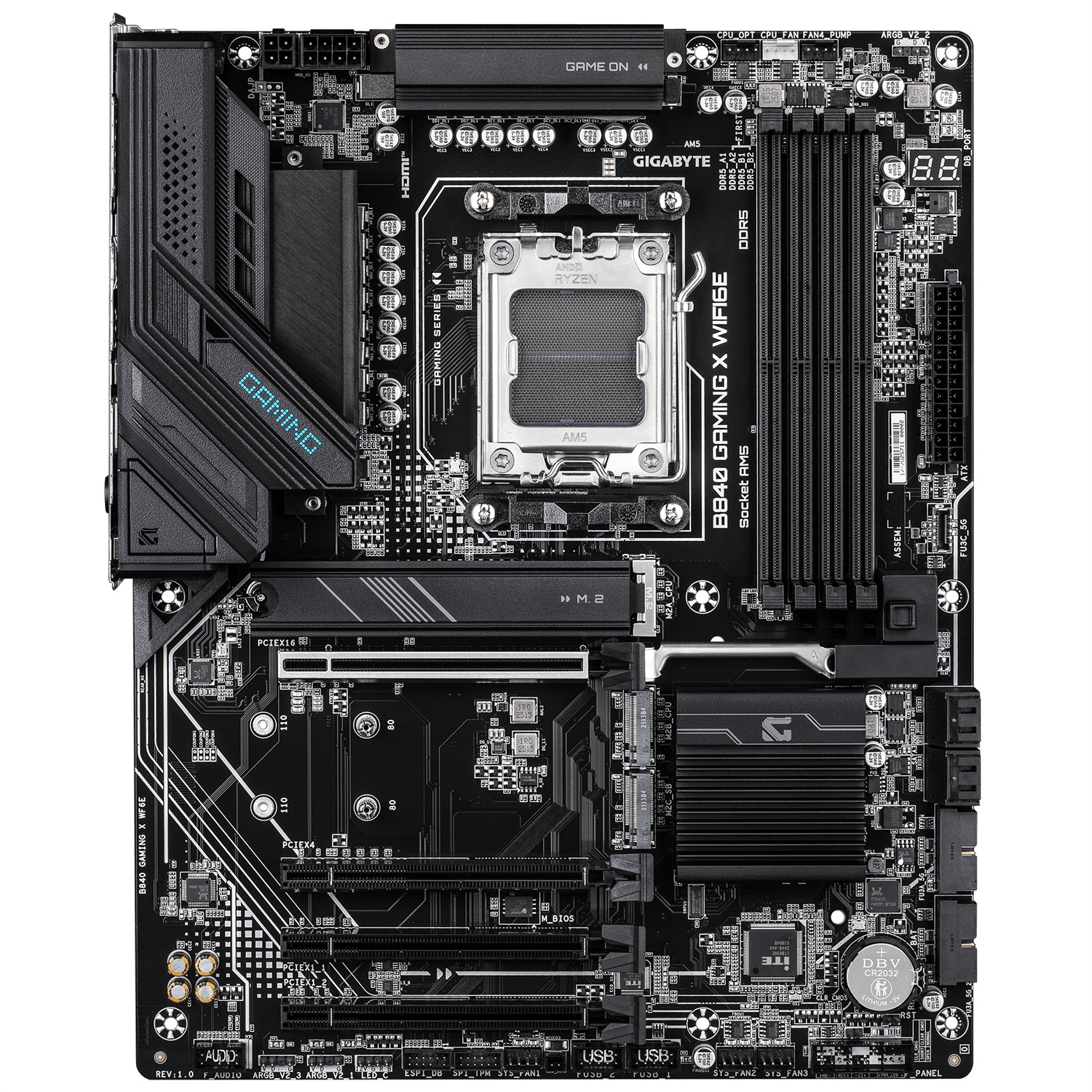GIGABYTE B840 GAMING X WIFI6E Scheda Madre AM5 ATX - Supporto CPU AMD Ryzen 9000, VRM 12 2 2 fasi, fino a 7600MHz DDR5 (O.C), 2x PCIe 4.0 1x PCIe 3.0, Wi-Fi 6E, LAN 2.5GbE, USB 3.2 Gen 2