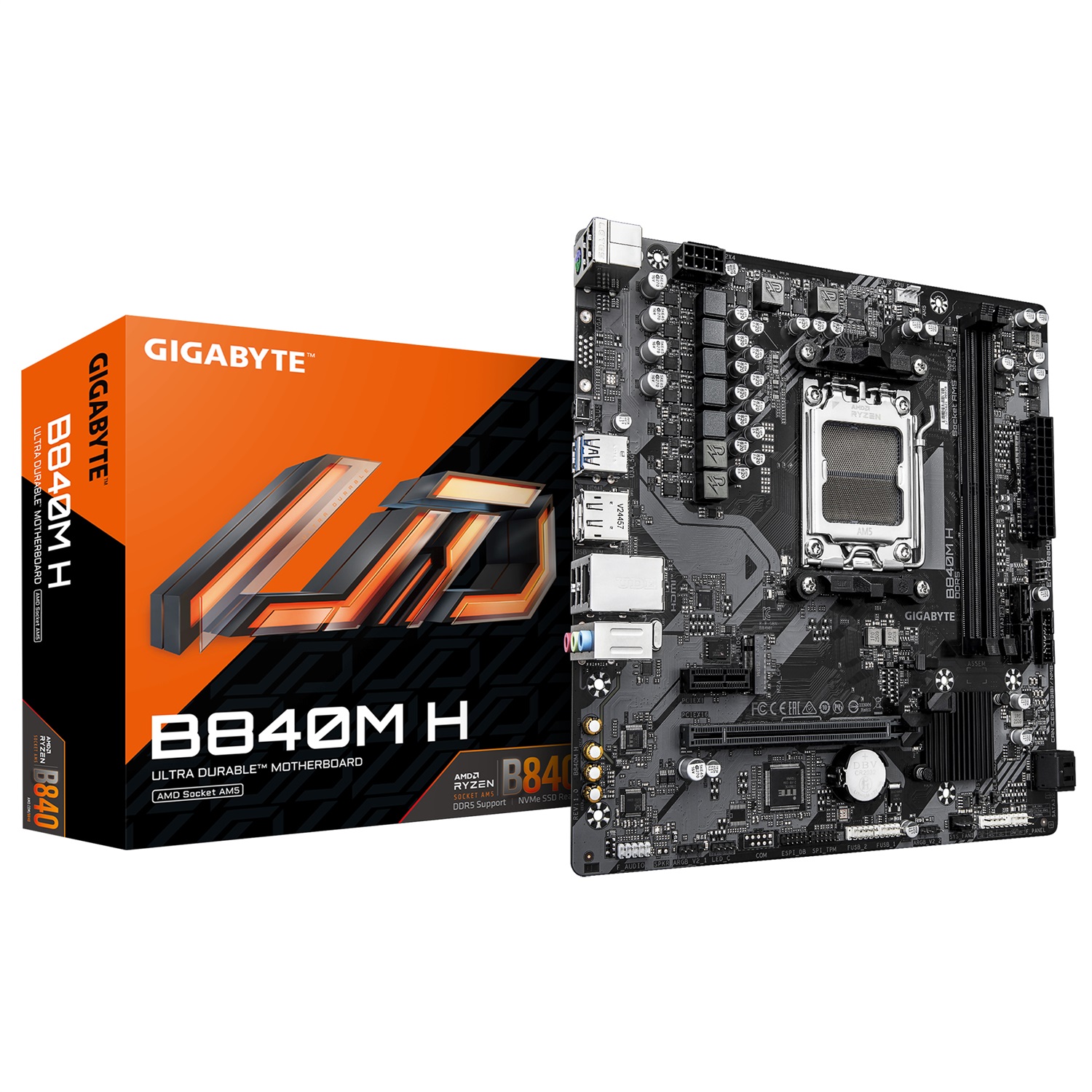 GIGABYTE B840M H Scheda Madre - Compatibile con CPU AMD Ryzen 9000, VRM a 5 2 2 fasi, Fino a 7200MHz DDR5 (O.C), 1xPCIe 4.0 M.2, LAN 1GbE, USB 3.2 Gen 1, Socket AM5