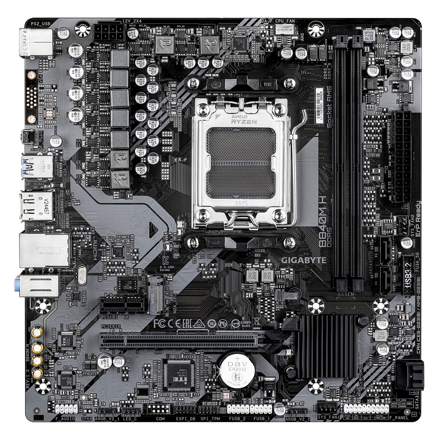 GIGABYTE B840M H Scheda Madre - Compatibile con CPU AMD Ryzen 9000, VRM a 5 2 2 fasi, Fino a 7200MHz DDR5 (O.C), 1xPCIe 4.0 M.2, LAN 1GbE, USB 3.2 Gen 1, Socket AM5