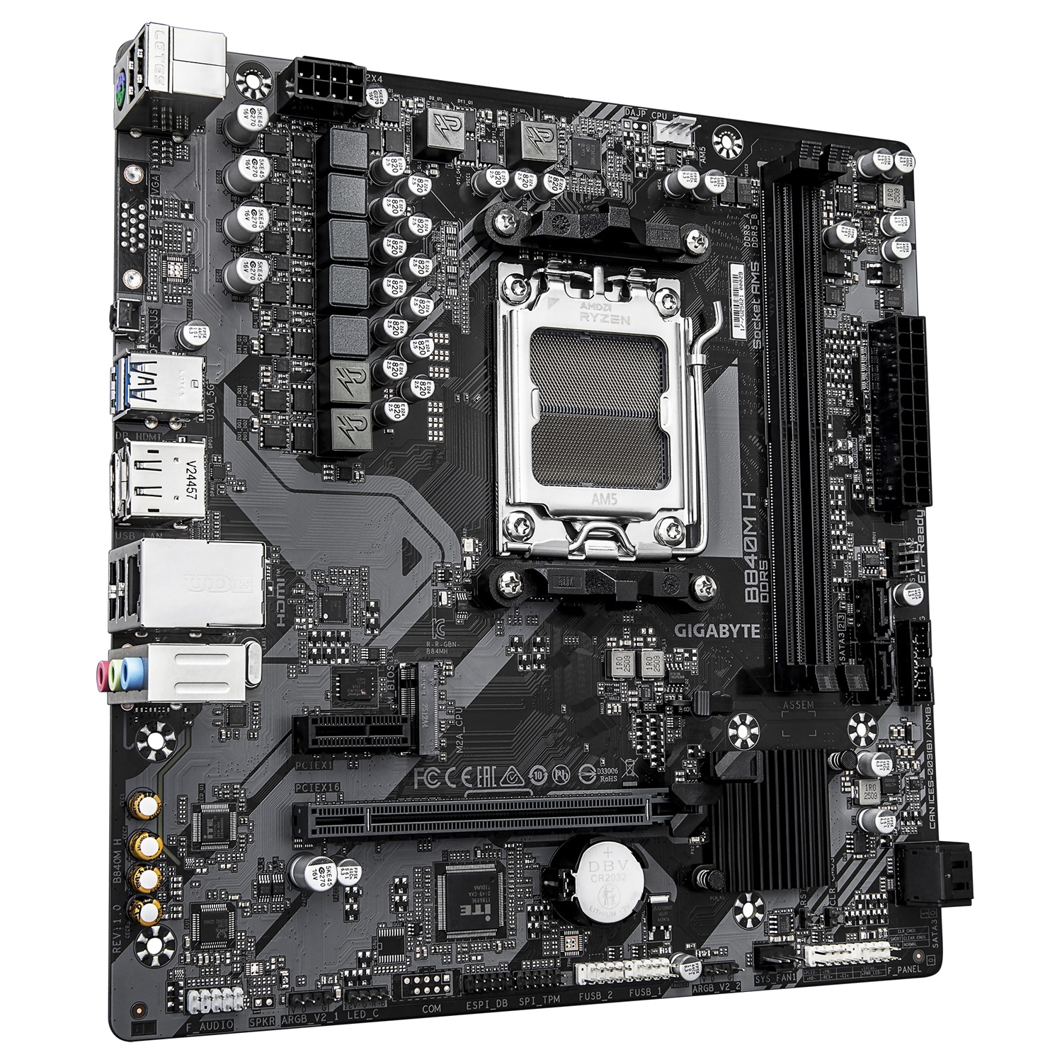 GIGABYTE B840M H Scheda Madre - Compatibile con CPU AMD Ryzen 9000, VRM a 5 2 2 fasi, Fino a 7200MHz DDR5 (O.C), 1xPCIe 4.0 M.2, LAN 1GbE, USB 3.2 Gen 1, Socket AM5
