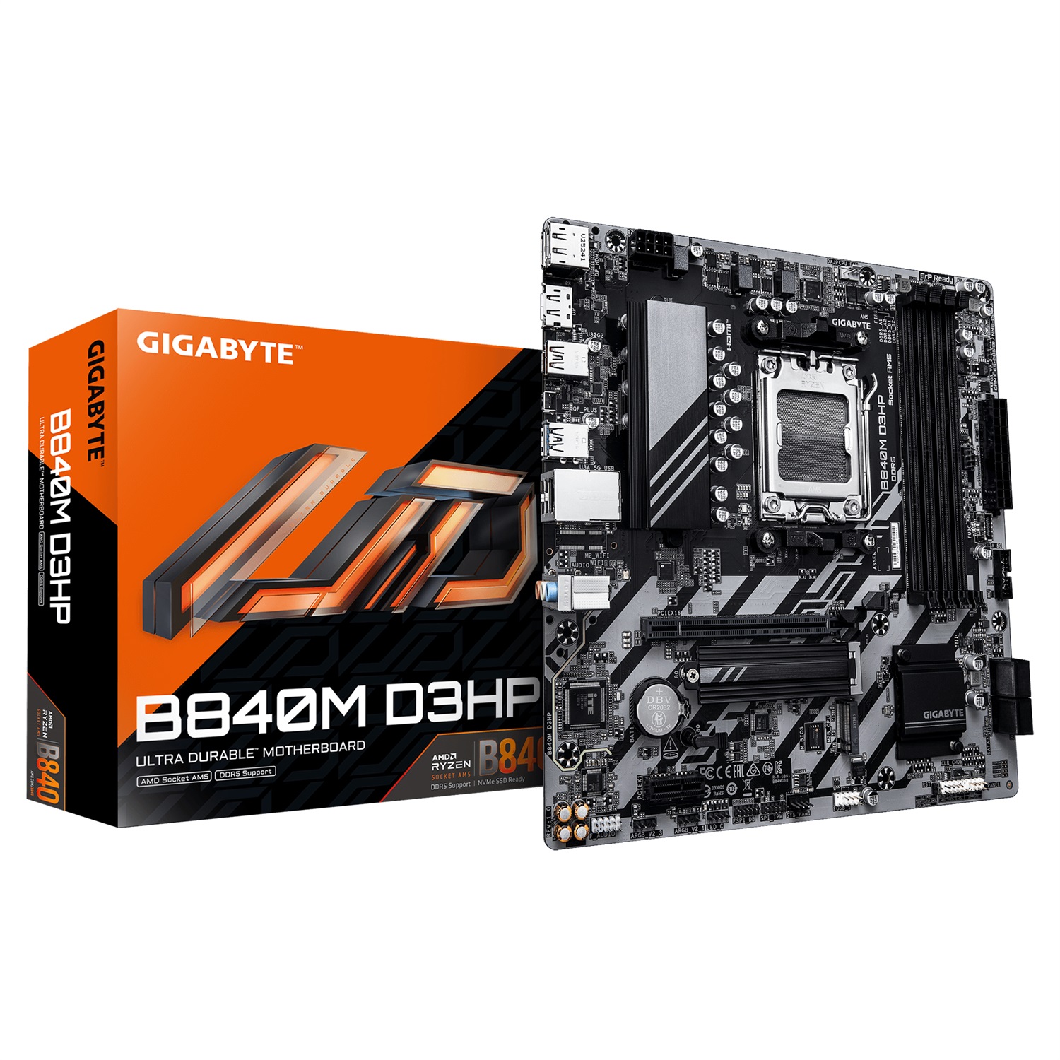 GIGABYTE B840M D3HP Scheda Madre - Compatibile con CPU AMD Ryzen 9000, 7000 e 8000 Series, VRM a 8 2 2 fasi, fino a 8200 MHz DDR5 (O.C.), 2× M.2 PCIe 4.0, LAN 1 GbE, USB 3.2 Gen 2