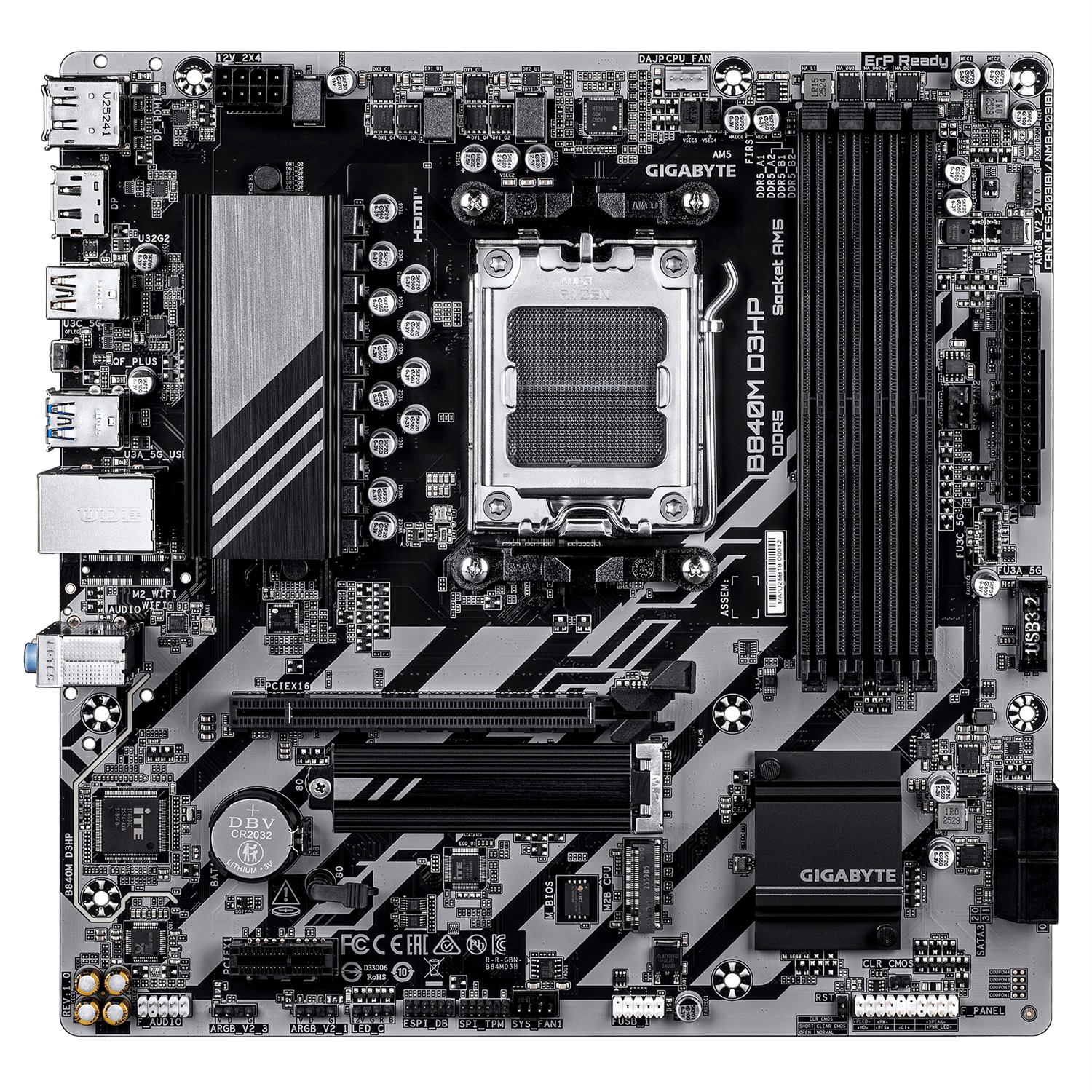 GIGABYTE B840M D3HP Scheda Madre - Compatibile con CPU AMD Ryzen 9000, 7000 e 8000 Series, VRM a 8 2 2 fasi, fino a 8200 MHz DDR5 (O.C.), 2× M.2 PCIe 4.0, LAN 1 GbE, USB 3.2 Gen 2